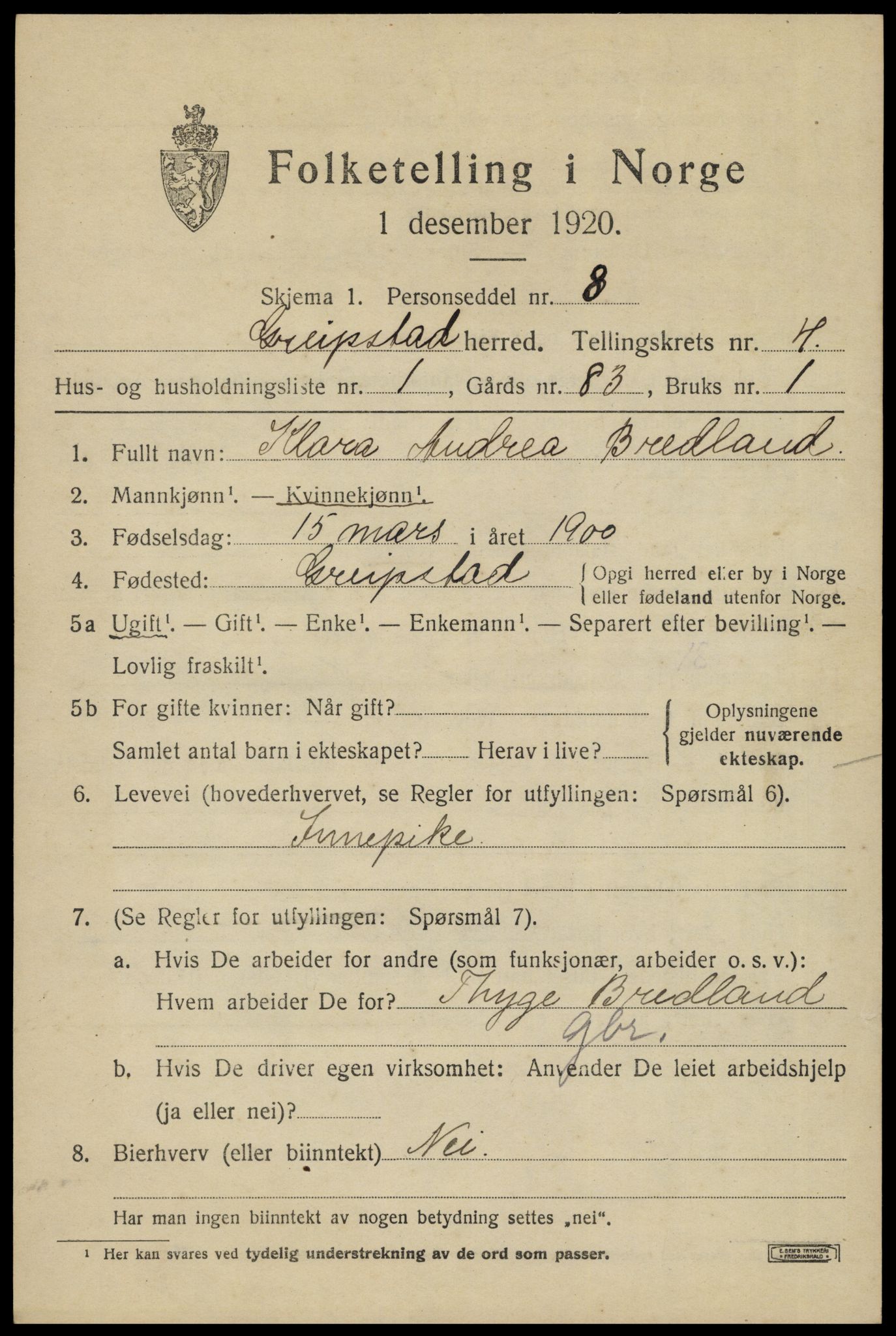 SAK, 1920 census for Greipstad, 1920, p. 1512