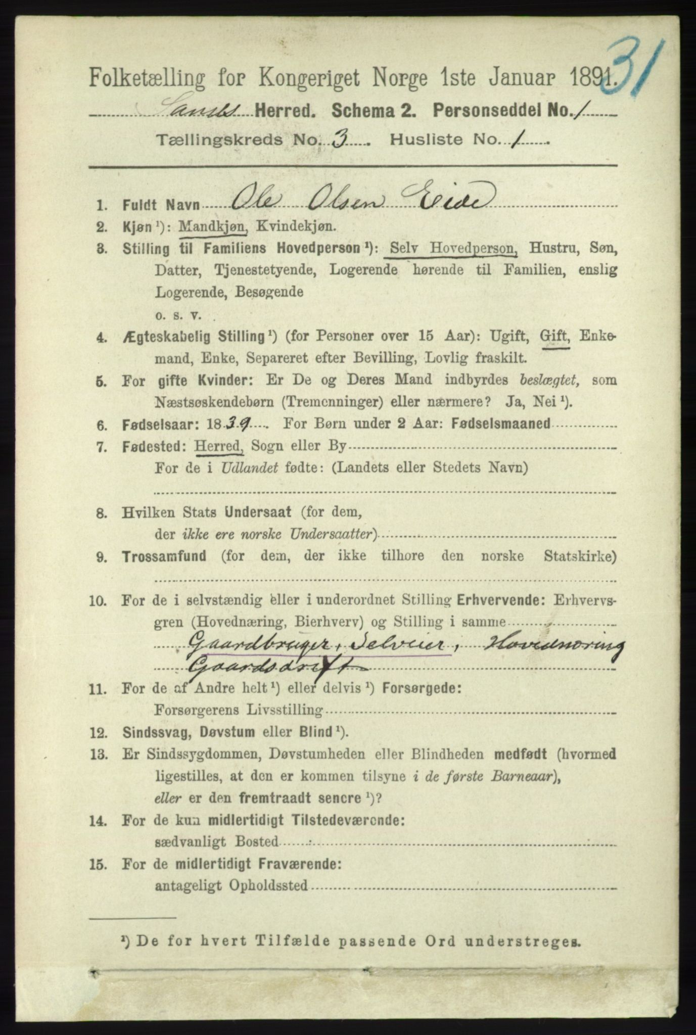 RA, 1891 census for 1136 Sand, 1891, p. 671