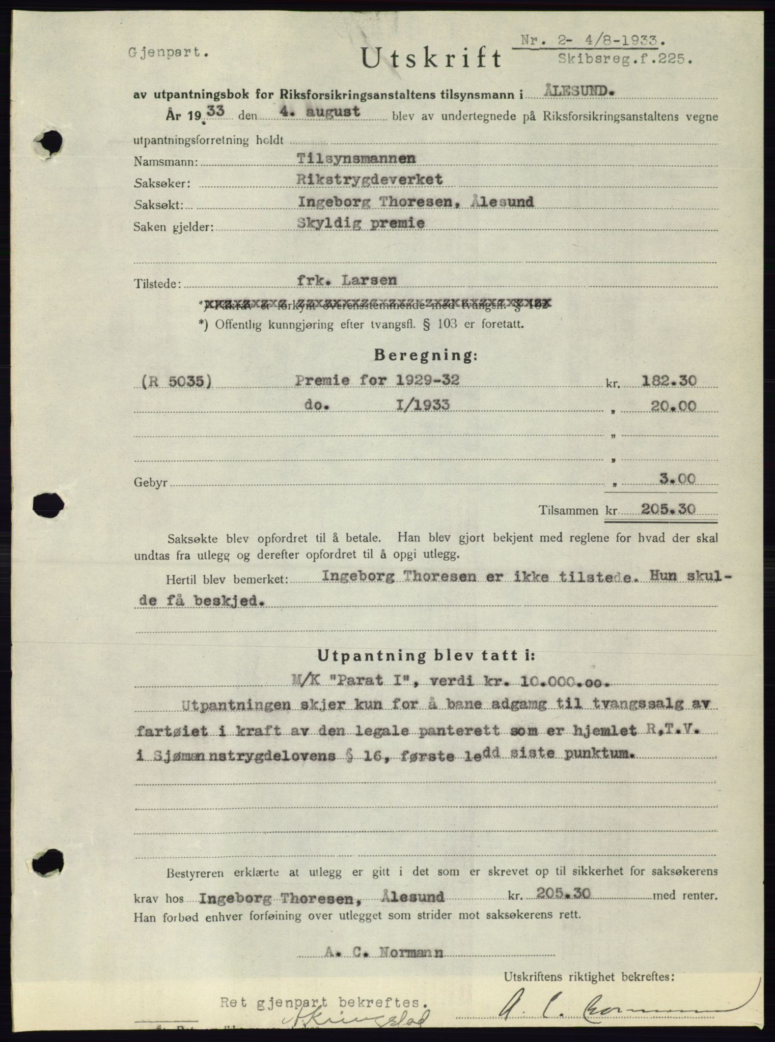 Ålesund byfogd, AV/SAT-A-4384: Mortgage book no. 31, 1933-1934, Deed date: 04.08.1933