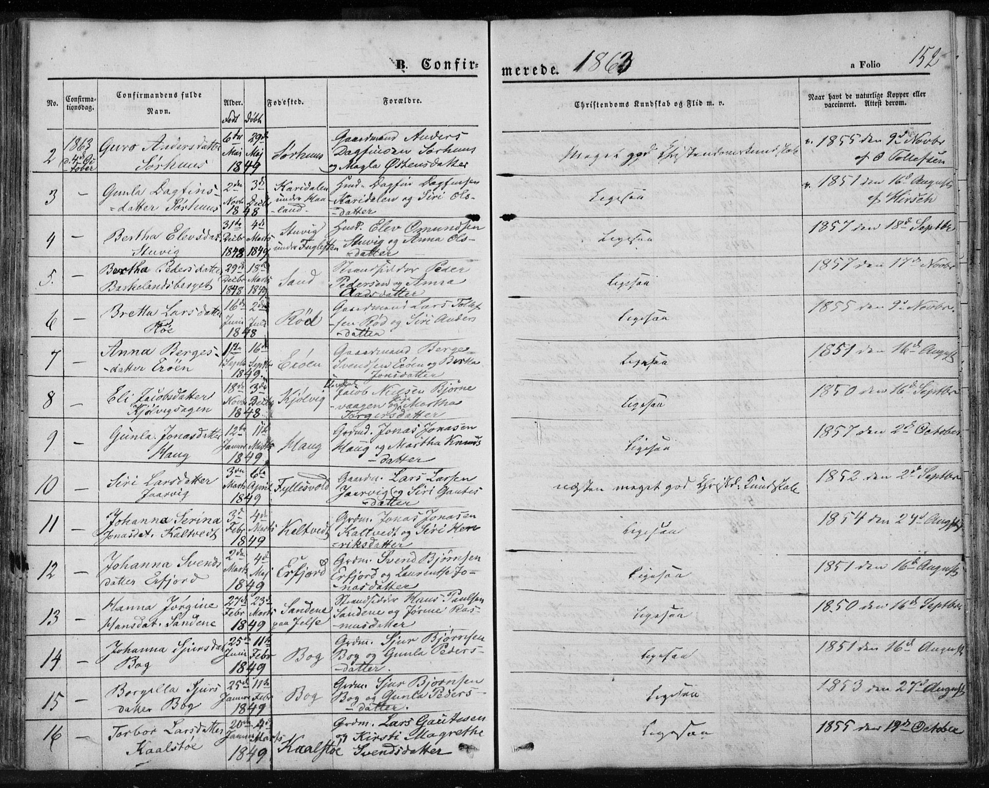 Jelsa sokneprestkontor, AV/SAST-A-101842/01/IV: Parish register (official) no. A 7, 1854-1866, p. 152