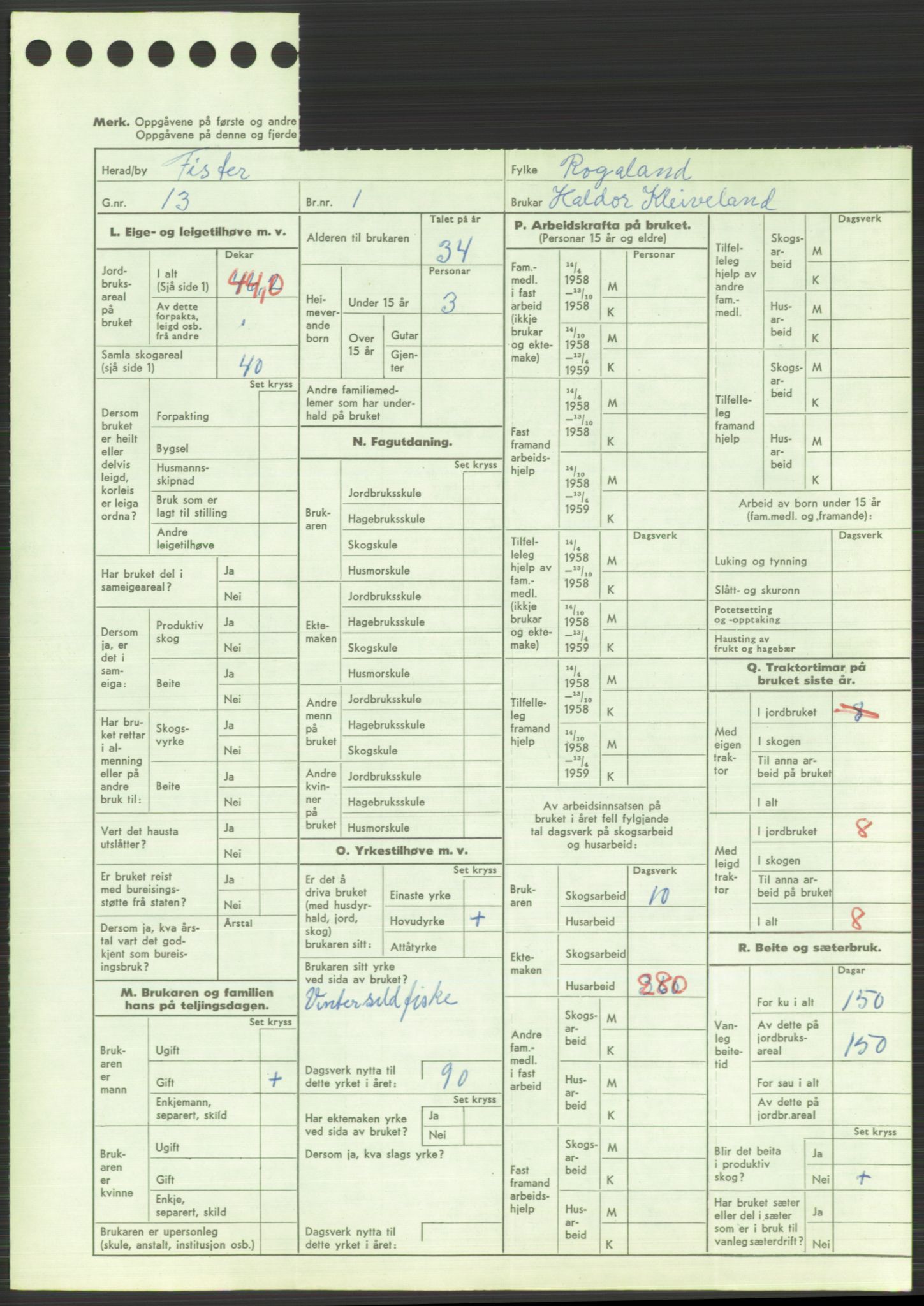 Statistisk sentralbyrå, Næringsøkonomiske emner, Jordbruk, skogbruk, jakt, fiske og fangst, AV/RA-S-2234/G/Gd/L0373: Rogaland: 1130 Strand (kl. 1-2), 1131 Årdal og 1132 Fister, 1959, p. 1931