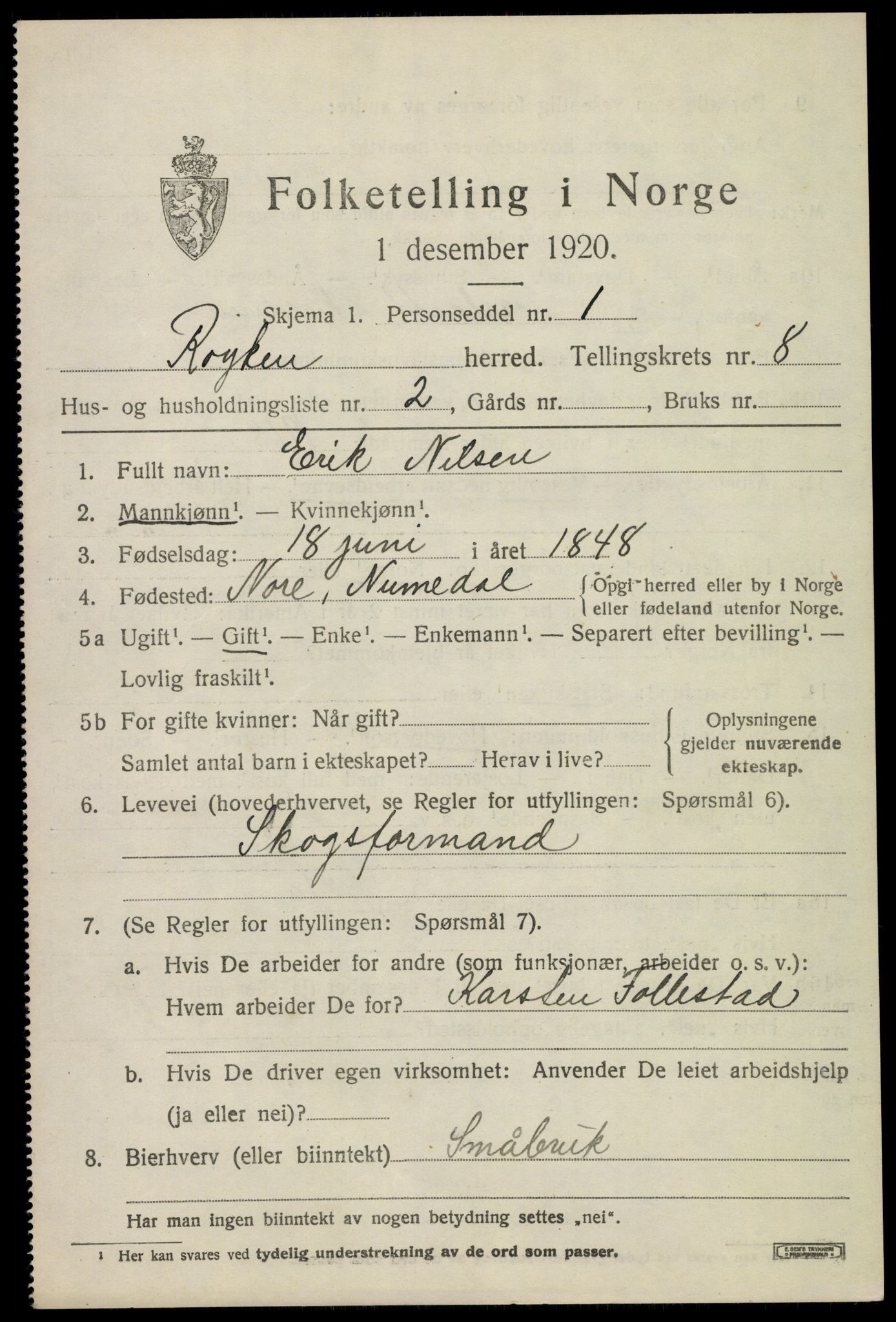 SAKO, 1920 census for Røyken, 1920, p. 11704