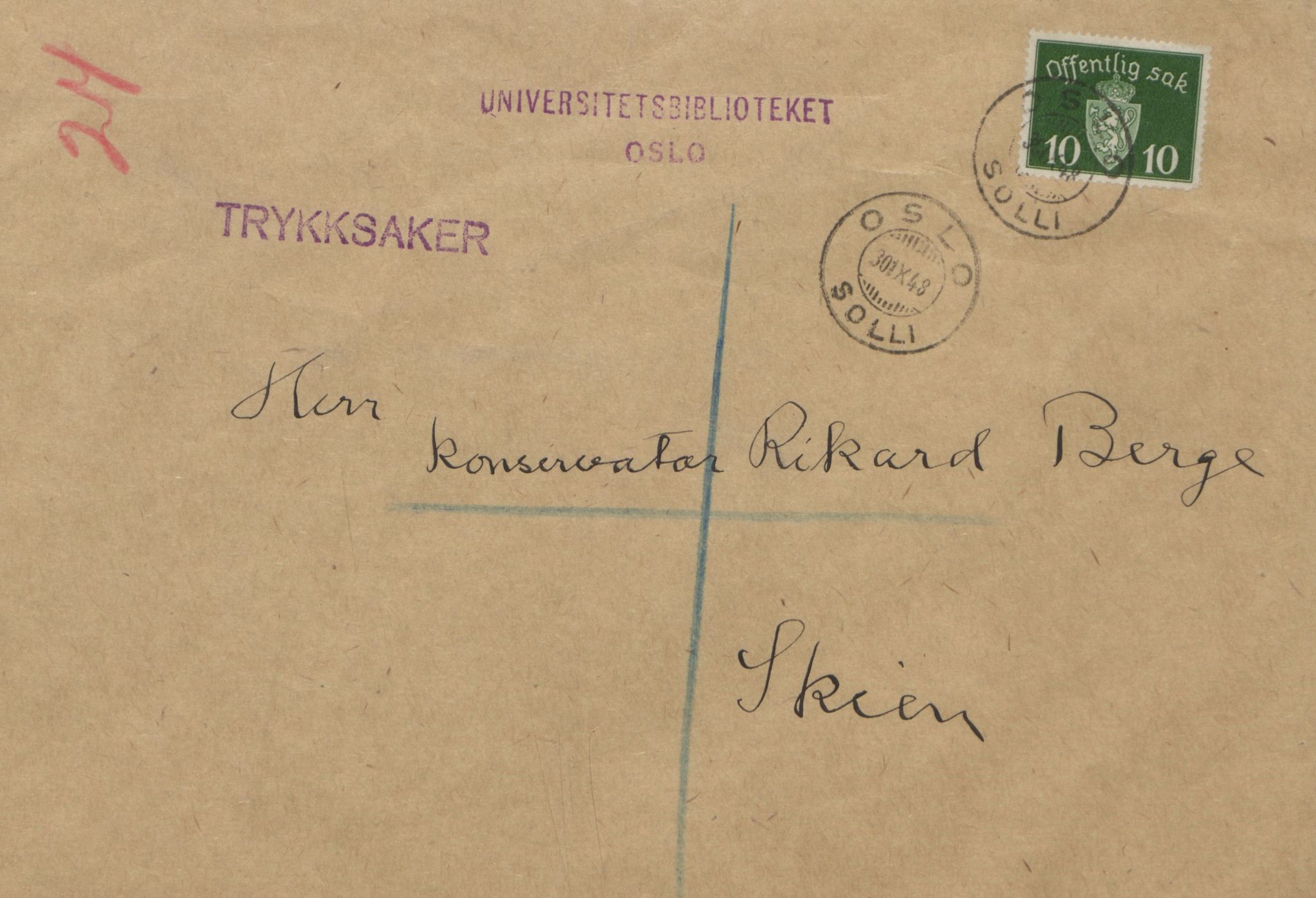 Rikard Berge, TEMU/TGM-A-1003/F/L0018/0056: 600-656 / 655 Brev, kataloger og andre papir til Rikard Berge. Konvolutten merka: Postpapir8, 1910-1950, p. 24