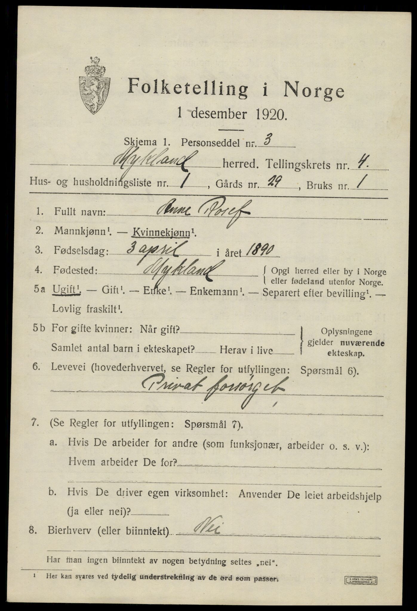 SAK, 1920 census for Mykland, 1920, p. 1326