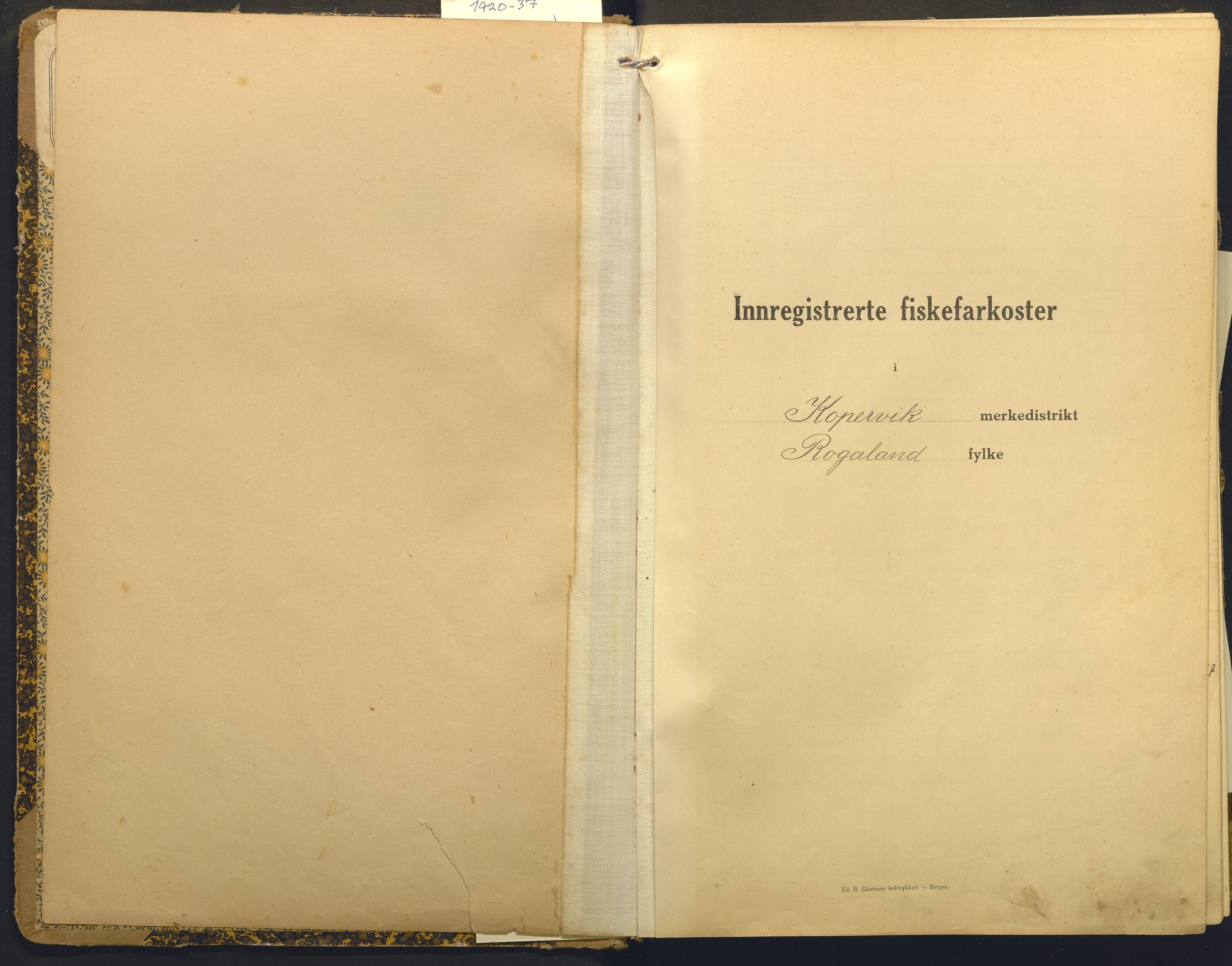 Fiskeridirektoratet - 1 Adm. ledelse - 13 Båtkontoret, AV/SAB-A-2003/I/Ia/Iai/L0059: 135.0922/1 Merkeprotokoll - Kopervik, 1920-1937