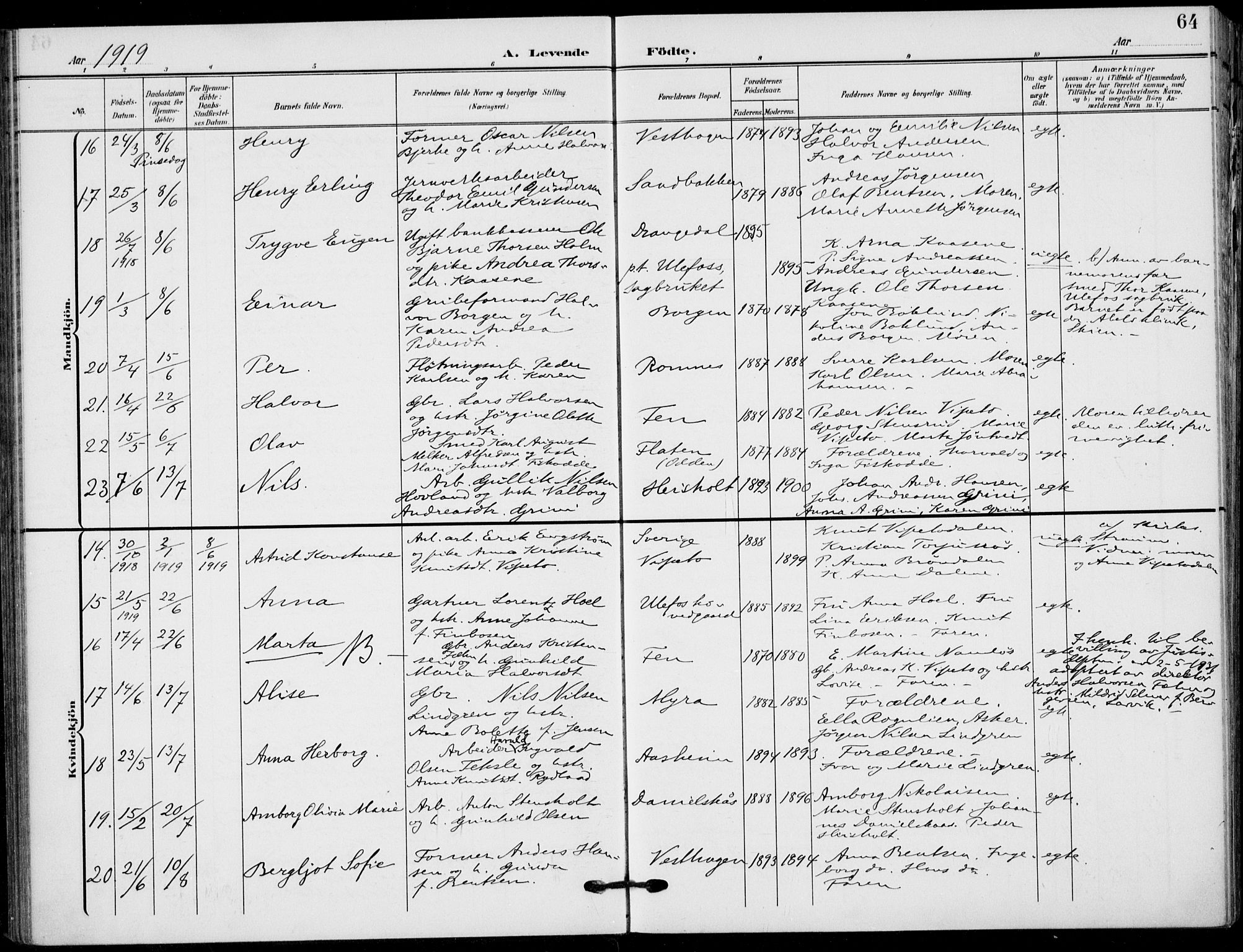 Holla kirkebøker, AV/SAKO-A-272/F/Fa/L0012: Parish register (official) no. 12, 1907-1923, p. 64