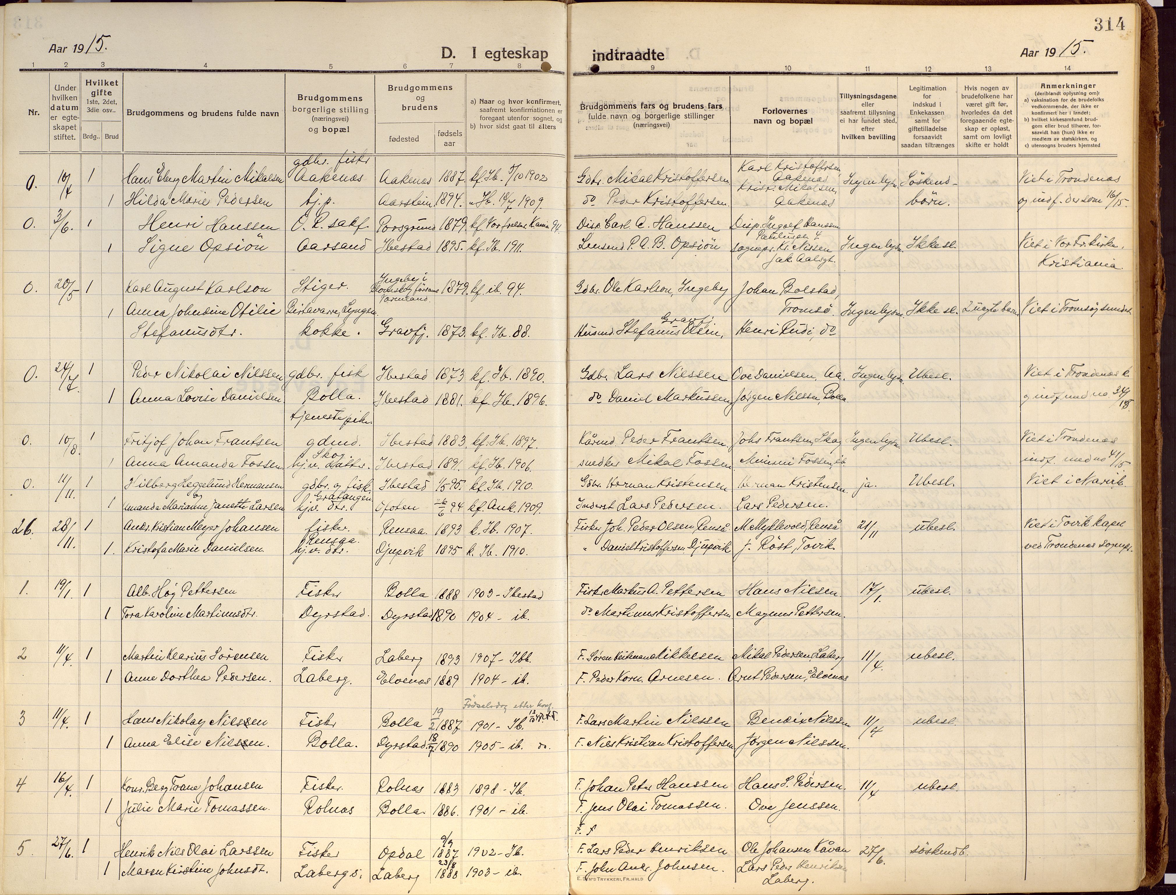 Ibestad sokneprestembete, AV/SATØ-S-0077/H/Ha/Haa/L0018kirke: Parish register (official) no. 18, 1915-1929, p. 314