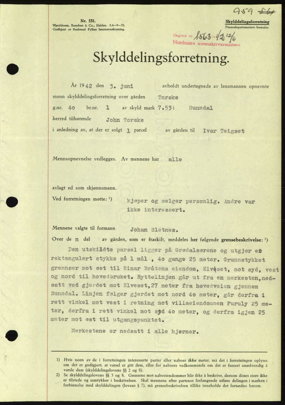 Nordmøre sorenskriveri, AV/SAT-A-4132/1/2/2Ca: Mortgage book no. A92, 1942-1942, Diary no: : 1563/1942