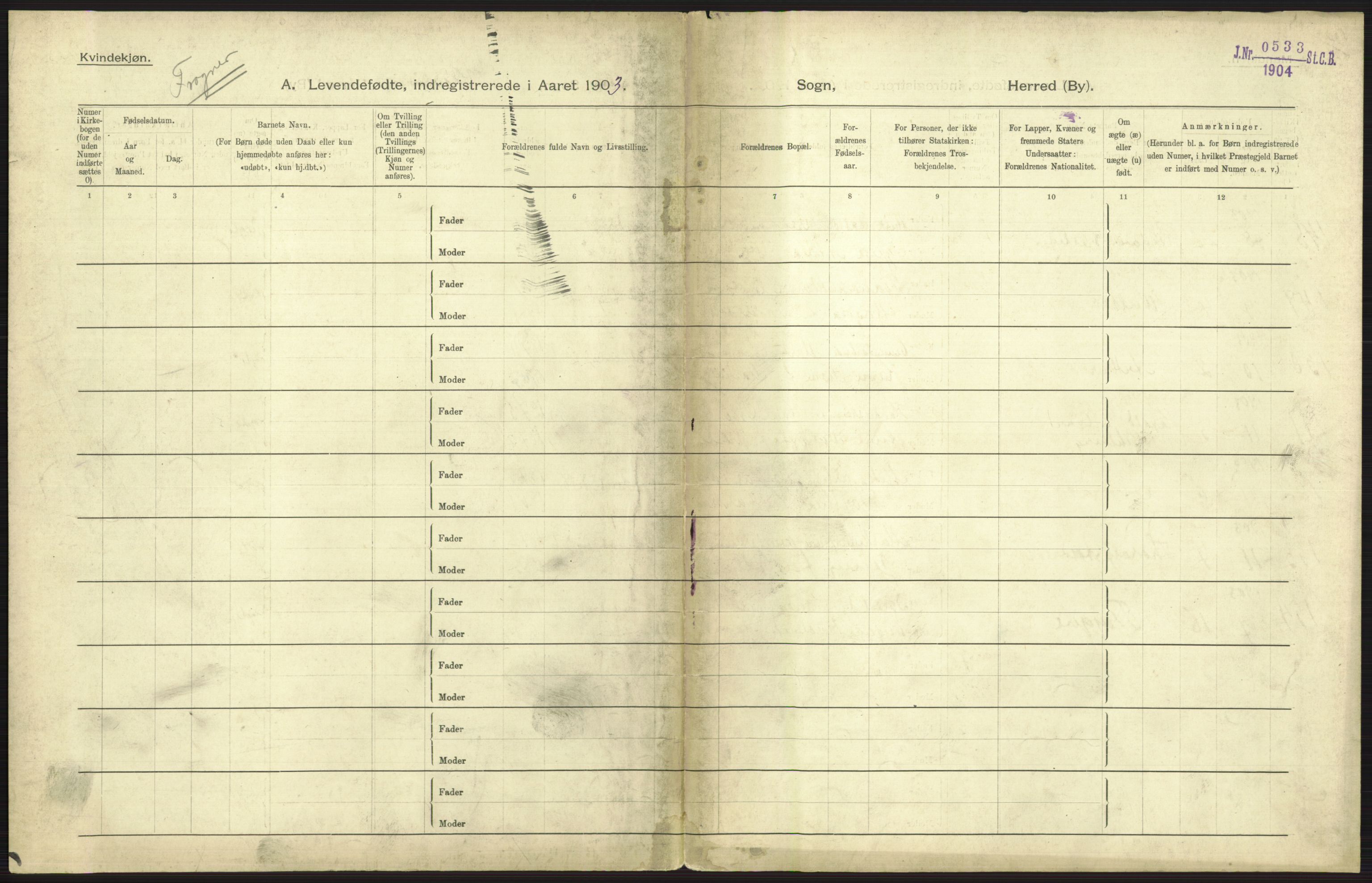 Statistisk sentralbyrå, Sosiodemografiske emner, Befolkning, AV/RA-S-2228/D/Df/Dfa/Dfaa/L0003: Kristiania: Fødte, 1903, p. 635