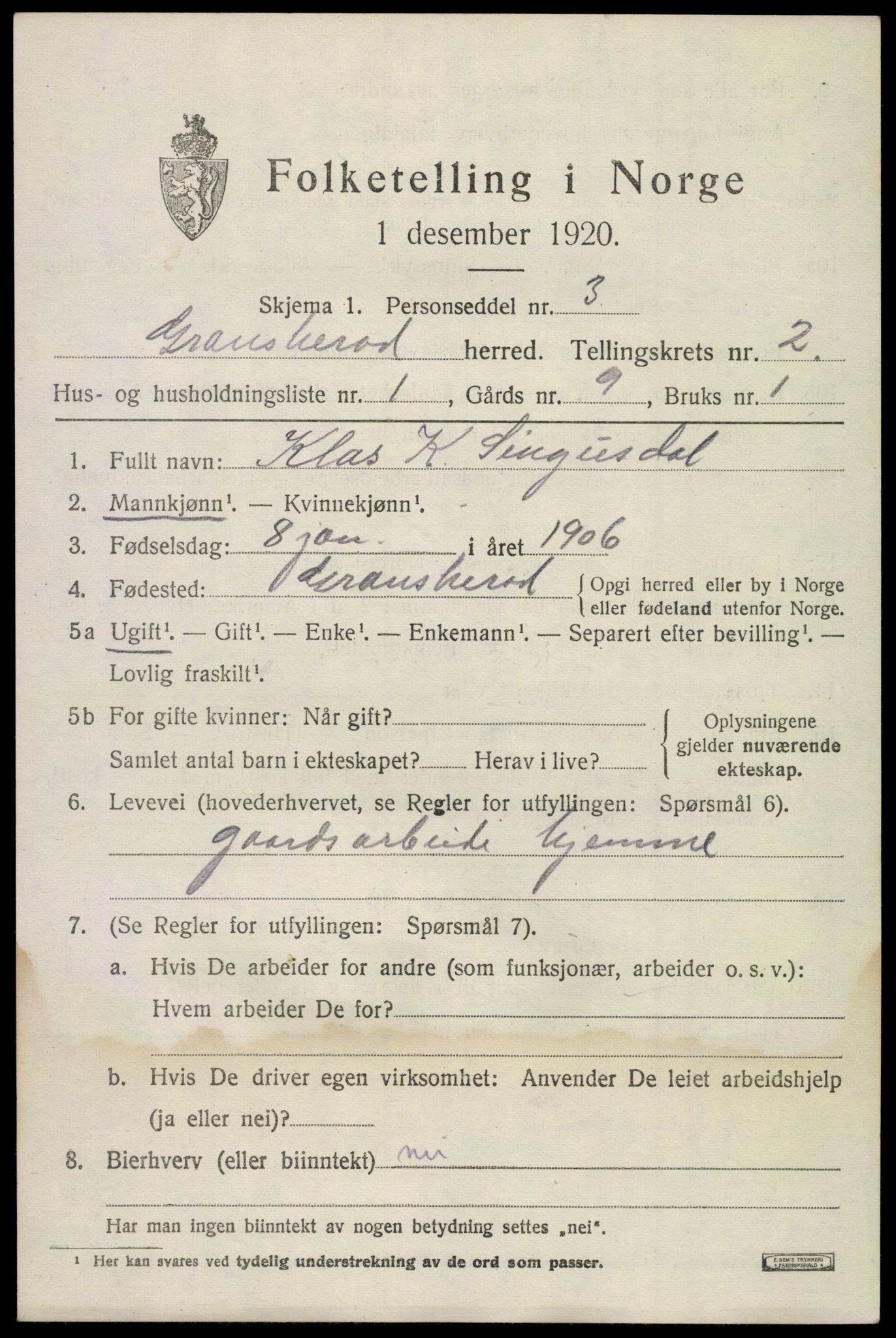 SAKO, 1920 census for Gransherad, 1920, p. 968