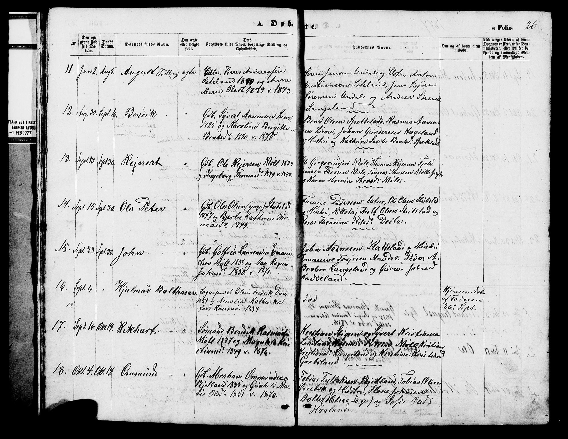 Holum sokneprestkontor, SAK/1111-0022/F/Fb/Fba/L0004: Parish register (copy) no. B 4, 1867-1890, p. 26