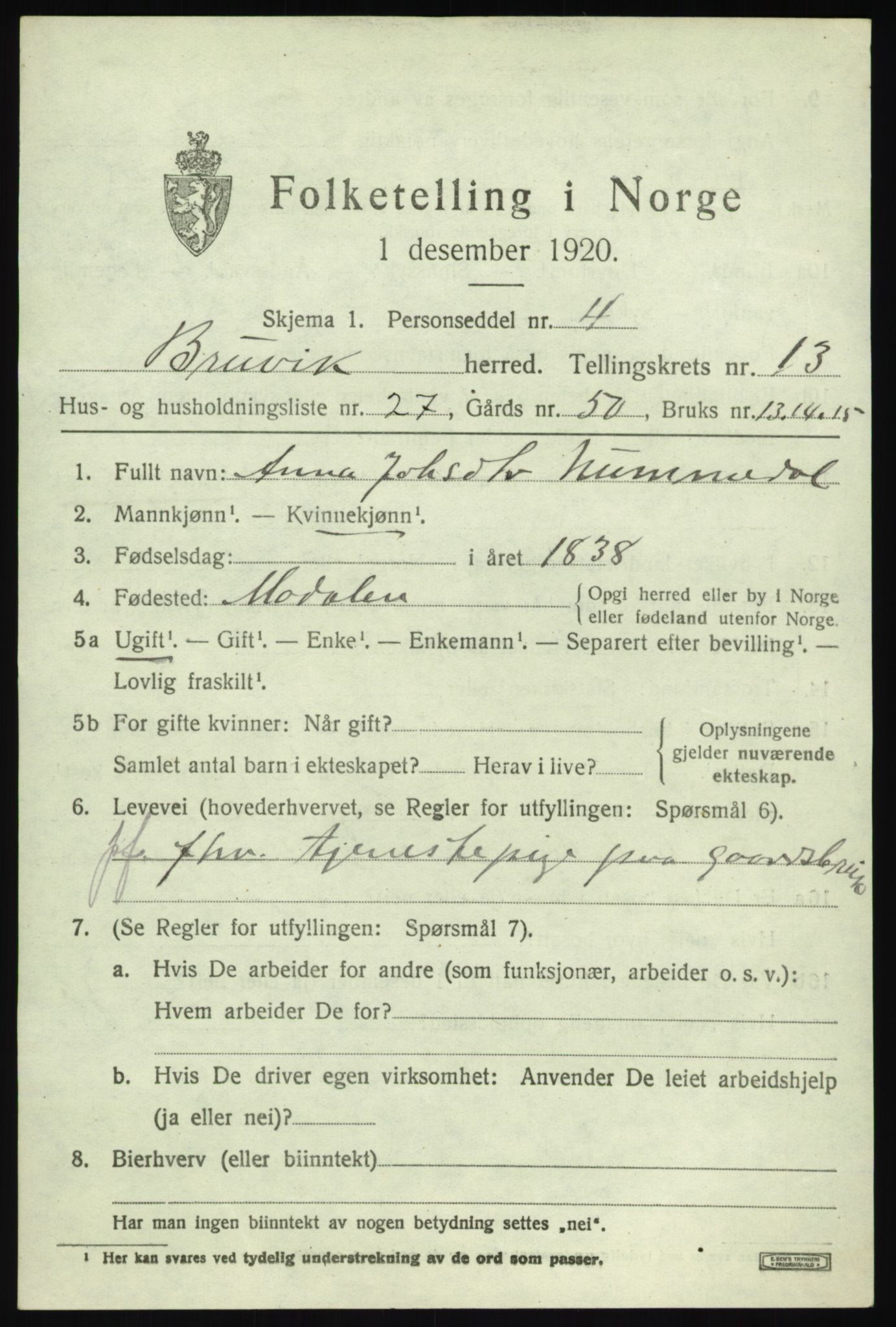 SAB, 1920 census for Bruvik, 1920, p. 8510