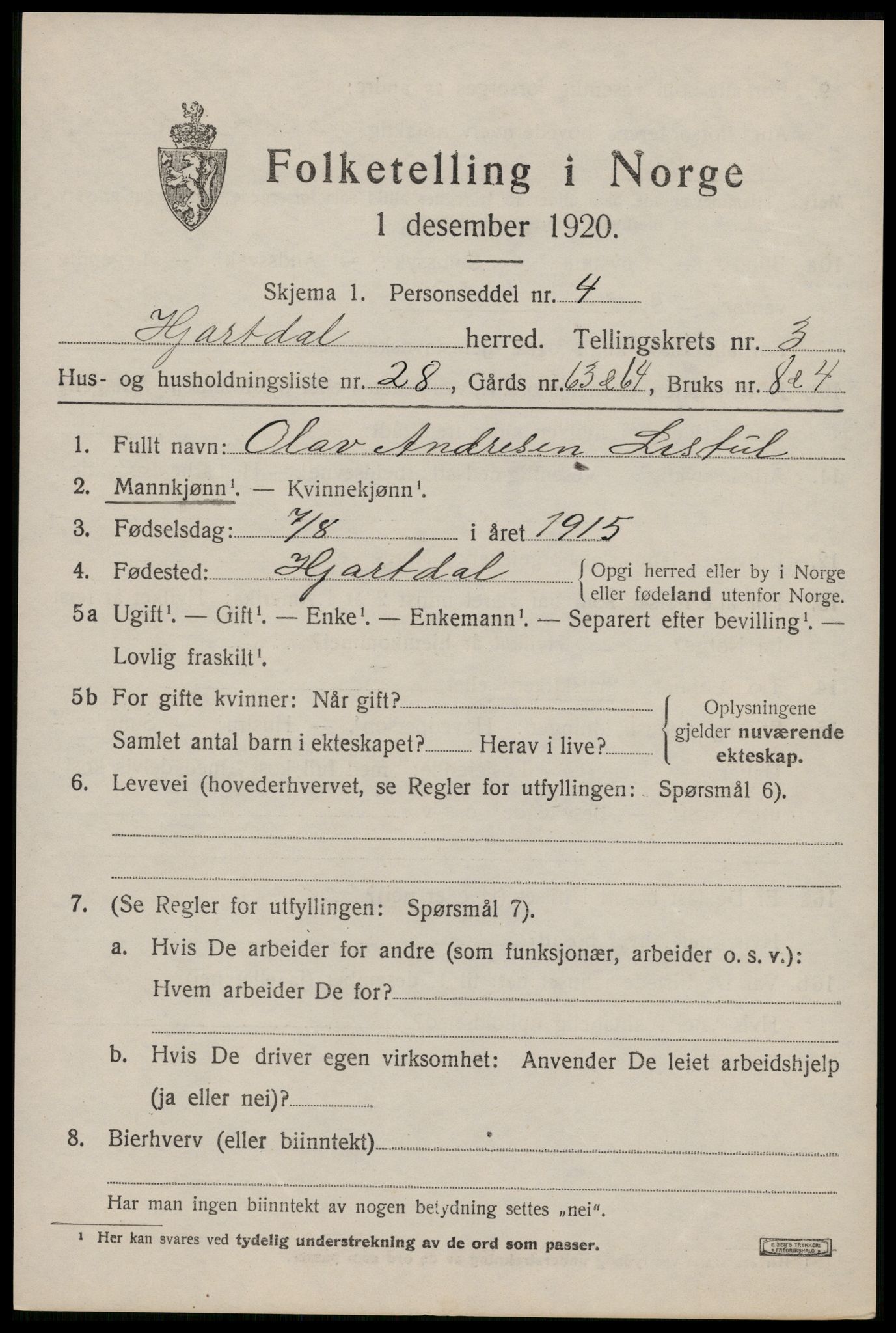 SAKO, 1920 census for Hjartdal, 1920, p. 2792