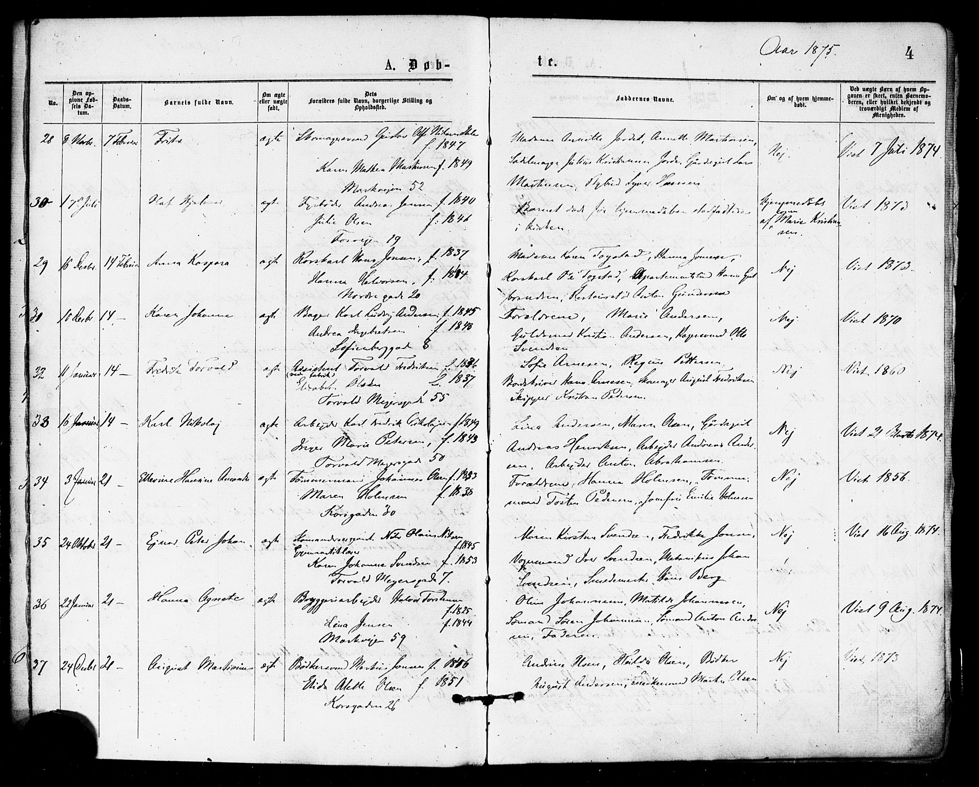 Paulus prestekontor Kirkebøker, AV/SAO-A-10871/F/Fa/L0001: Parish register (official) no. 1, 1875-1878, p. 4