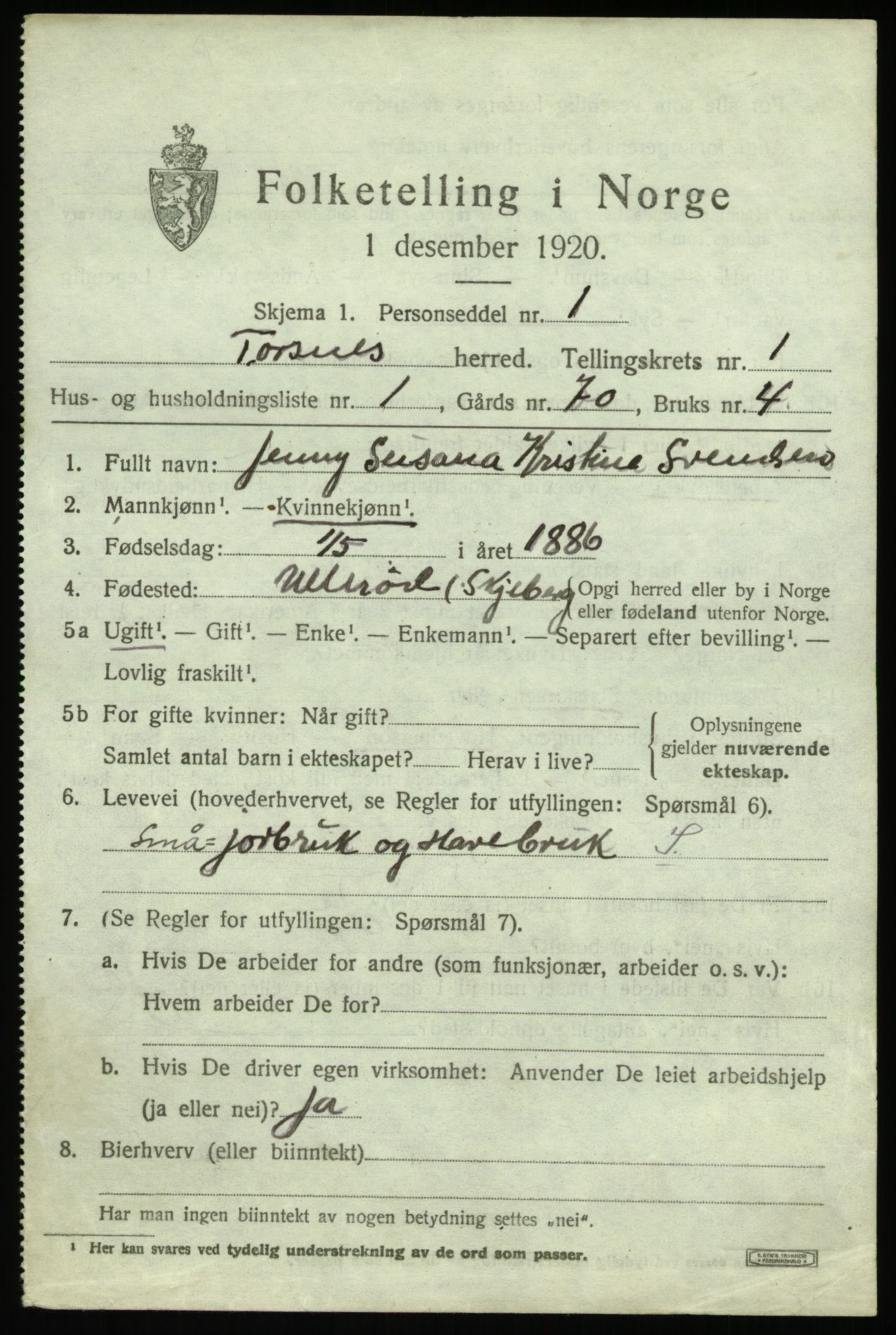 SAO, 1920 census for Torsnes, 1920, p. 485