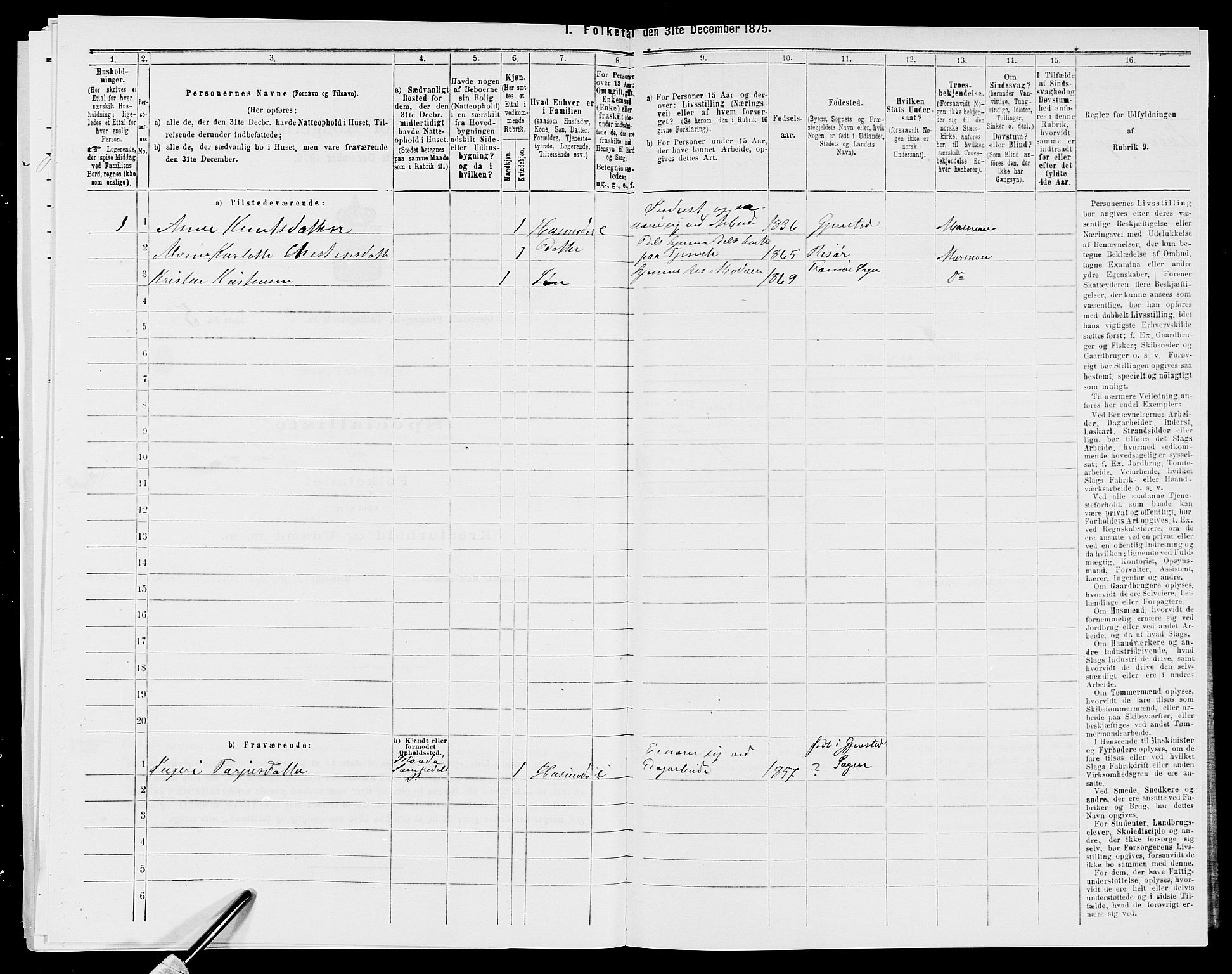 SAK, 1875 census for 0911P Gjerstad, 1875, p. 385