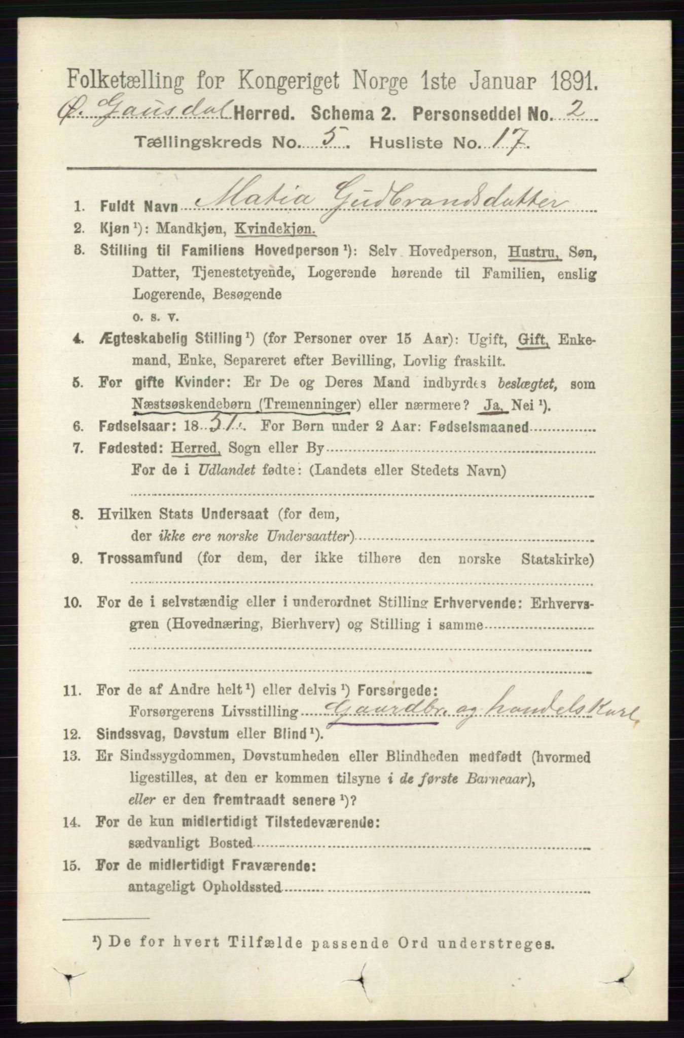 RA, 1891 census for 0522 Østre Gausdal, 1891, p. 3073