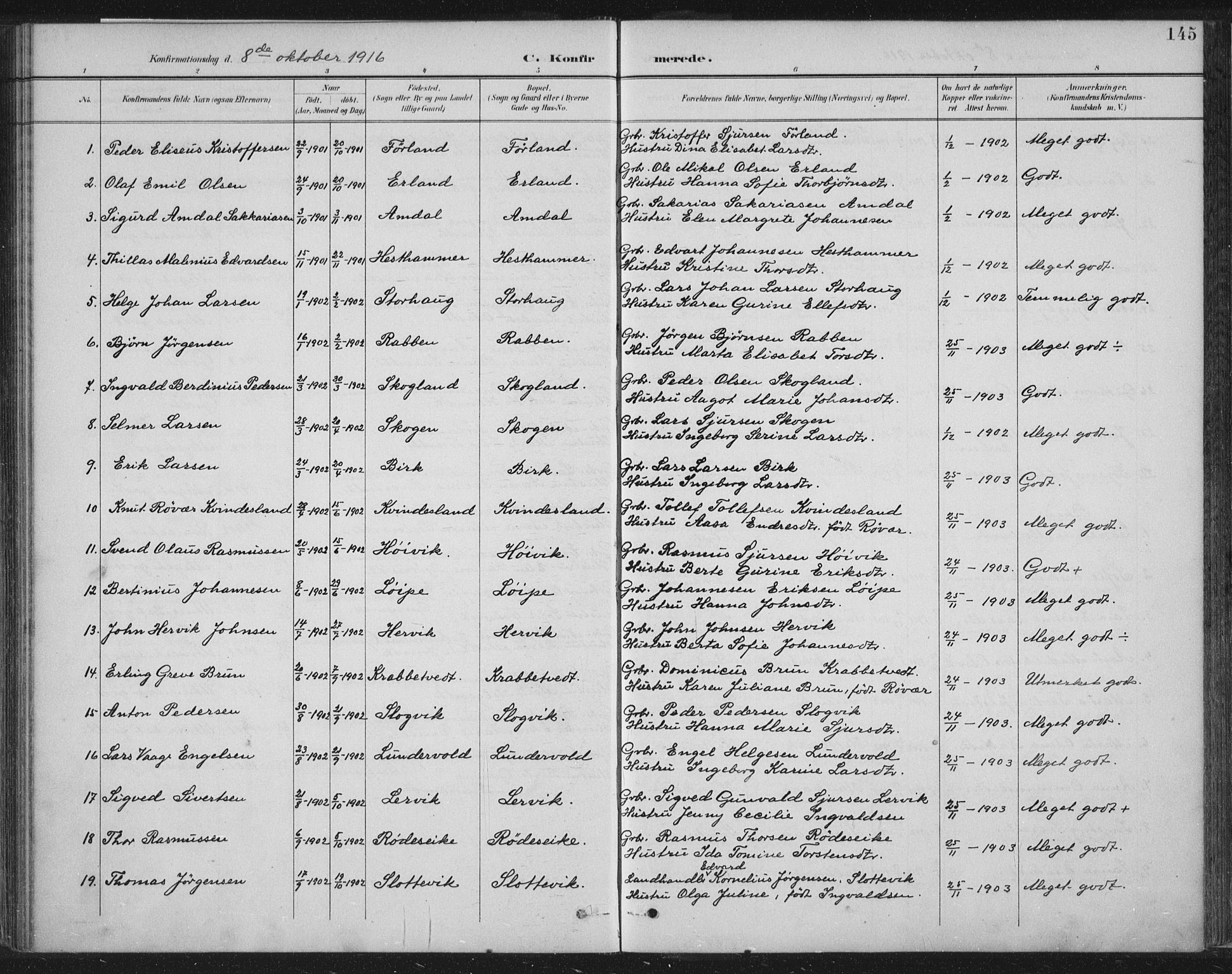 Tysvær sokneprestkontor, SAST/A -101864/H/Ha/Haa/L0008: Parish register (official) no. A 8, 1897-1918, p. 145