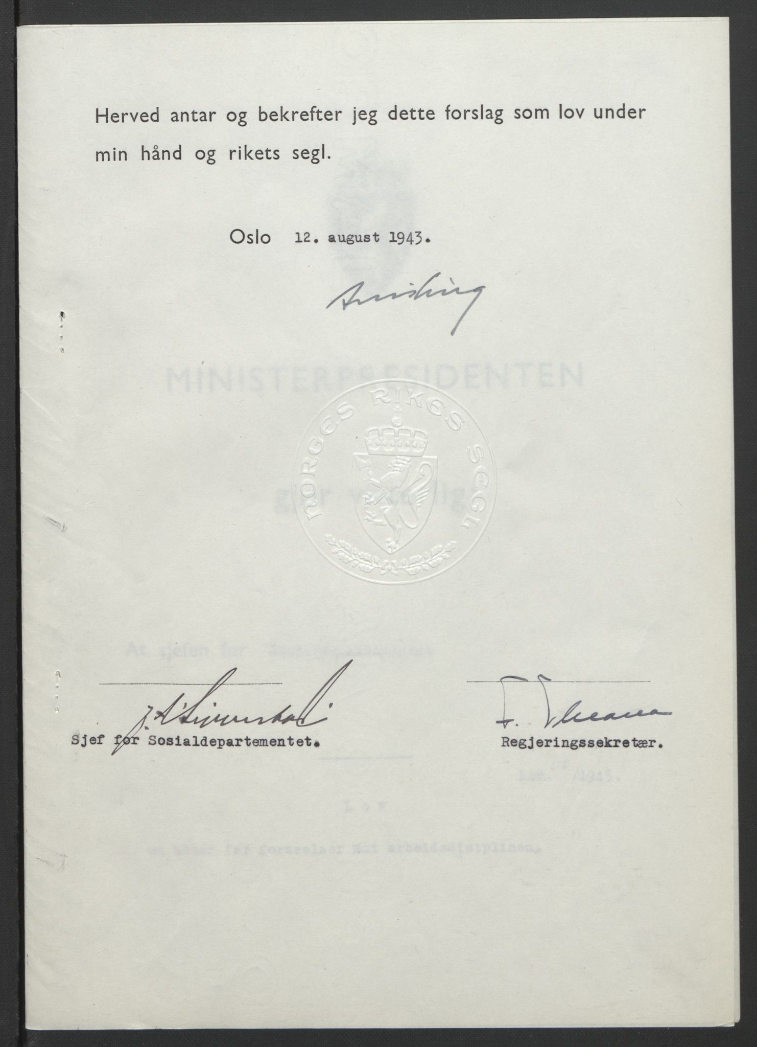 NS-administrasjonen 1940-1945 (Statsrådsekretariatet, de kommisariske statsråder mm), RA/S-4279/D/Db/L0099: Lover, 1943, p. 517