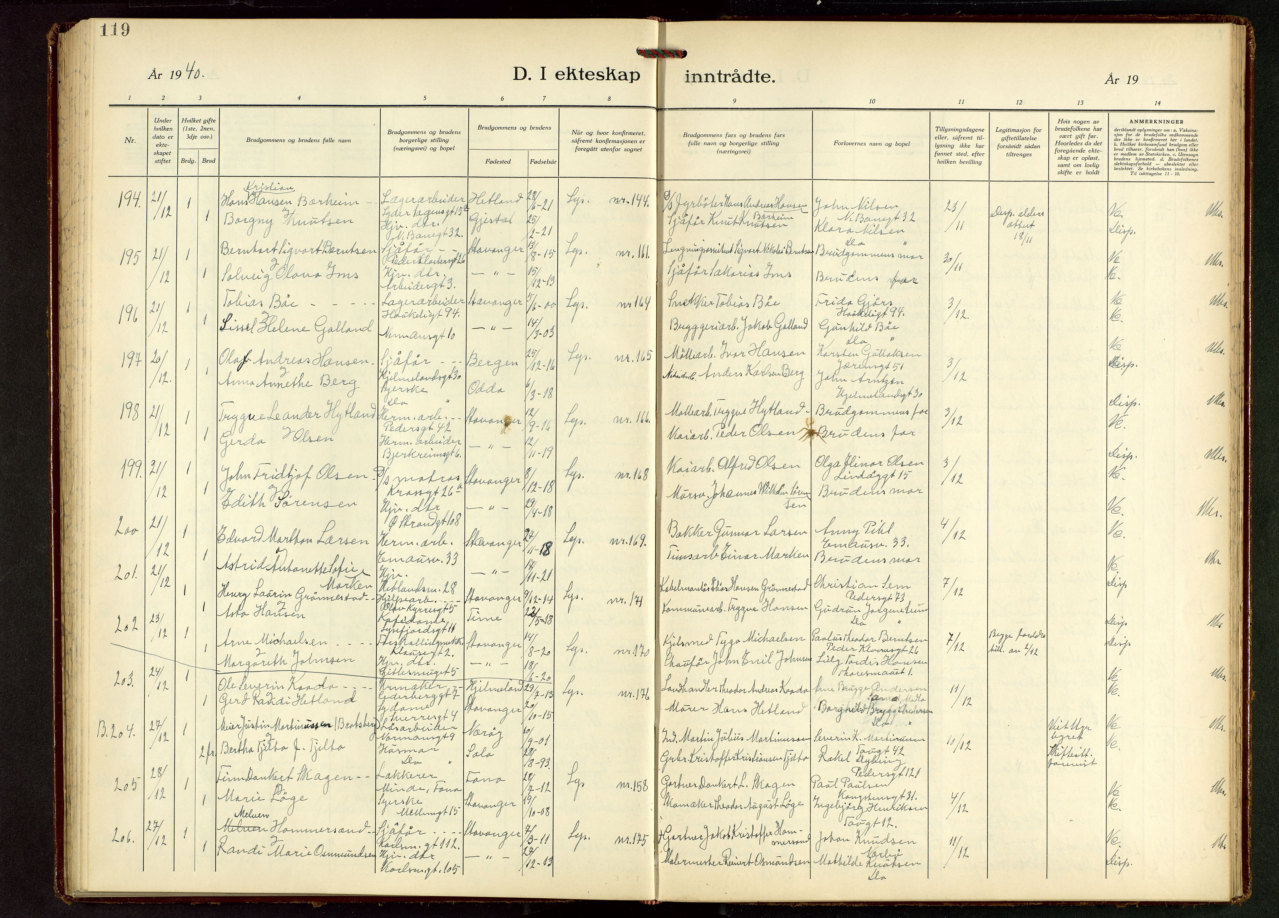 St. Johannes sokneprestkontor, AV/SAST-A-101814/001/30/30BB/L0010: Parish register (copy) no. B 10, 1933-1946, p. 119