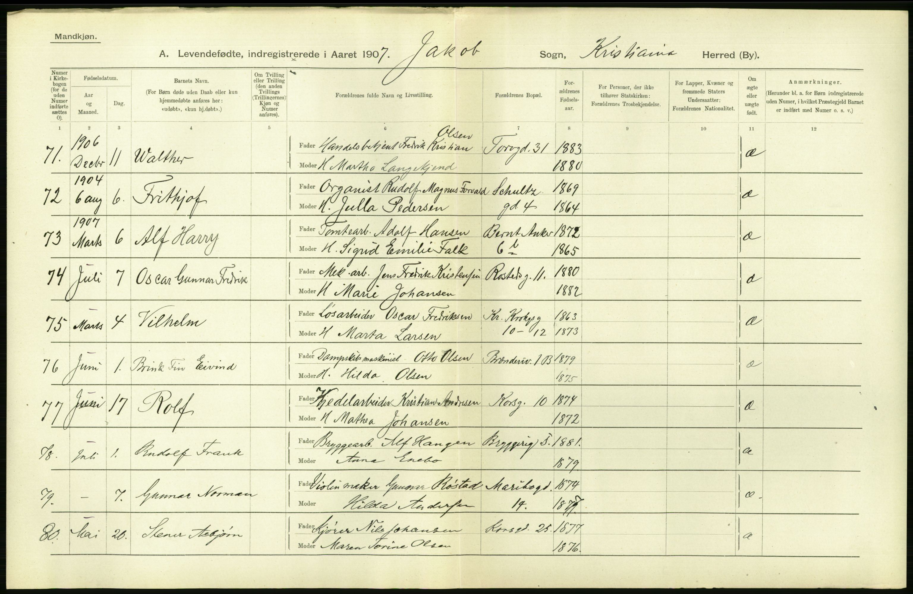 Statistisk sentralbyrå, Sosiodemografiske emner, Befolkning, AV/RA-S-2228/D/Df/Dfa/Dfae/L0007: Kristiania: Levendefødte menn og kvinner., 1907, p. 378