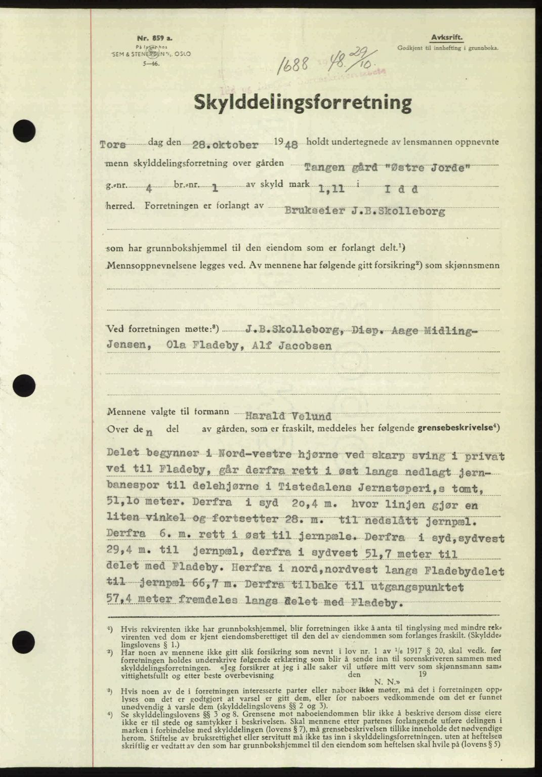 Idd og Marker sorenskriveri, SAO/A-10283/G/Gb/Gbb/L0011: Mortgage book no. A11, 1948-1949, Diary no: : 1688/1948