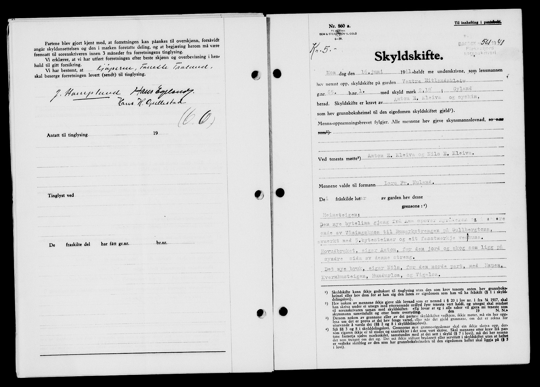 Flekkefjord sorenskriveri, SAK/1221-0001/G/Gb/Gba/L0057: Mortgage book no. A-5, 1941-1942, Diary no: : 561/1941