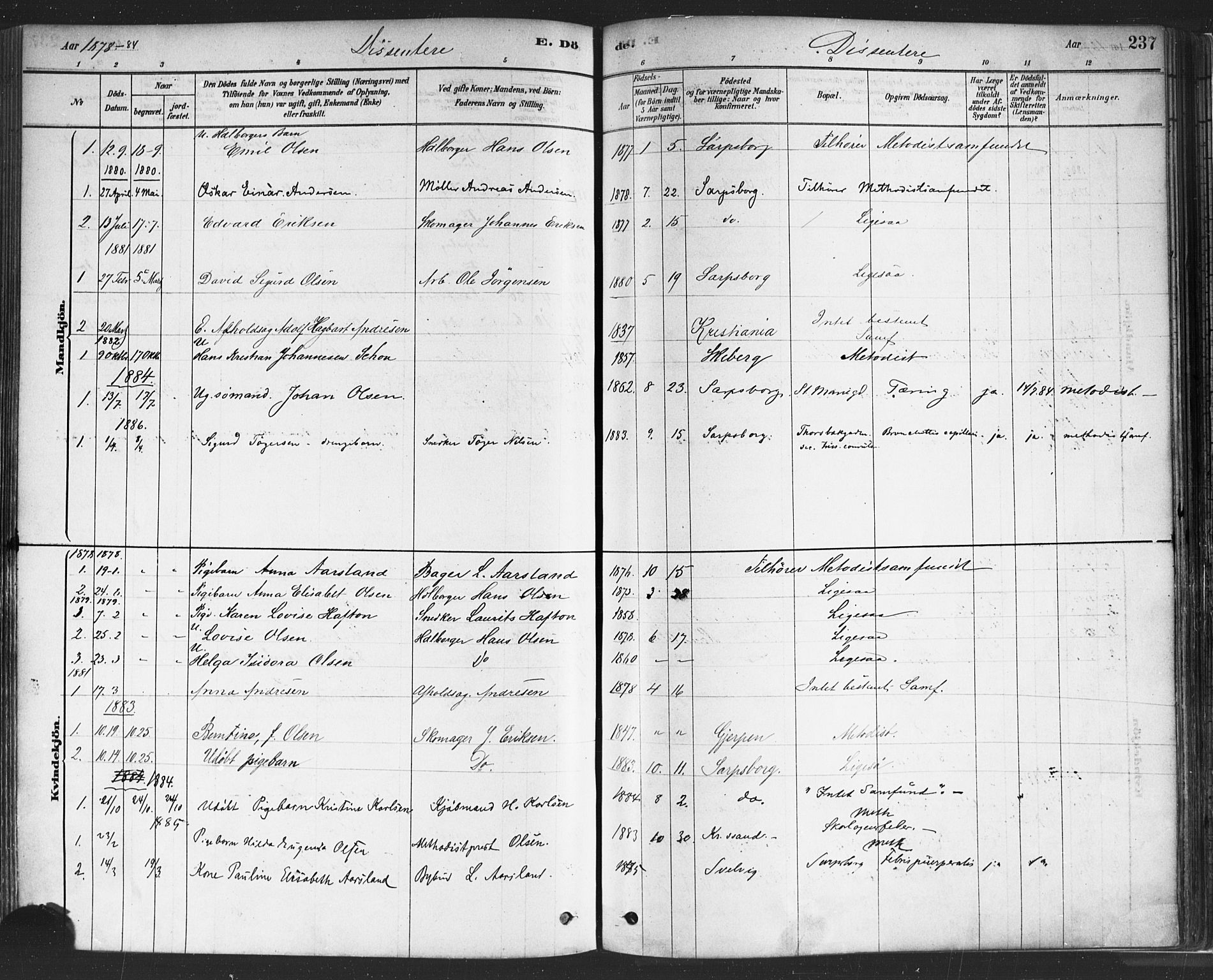 Sarpsborg prestekontor Kirkebøker, SAO/A-2006/F/Fa/L0003: Parish register (official) no. 3, 1878-1891, p. 237