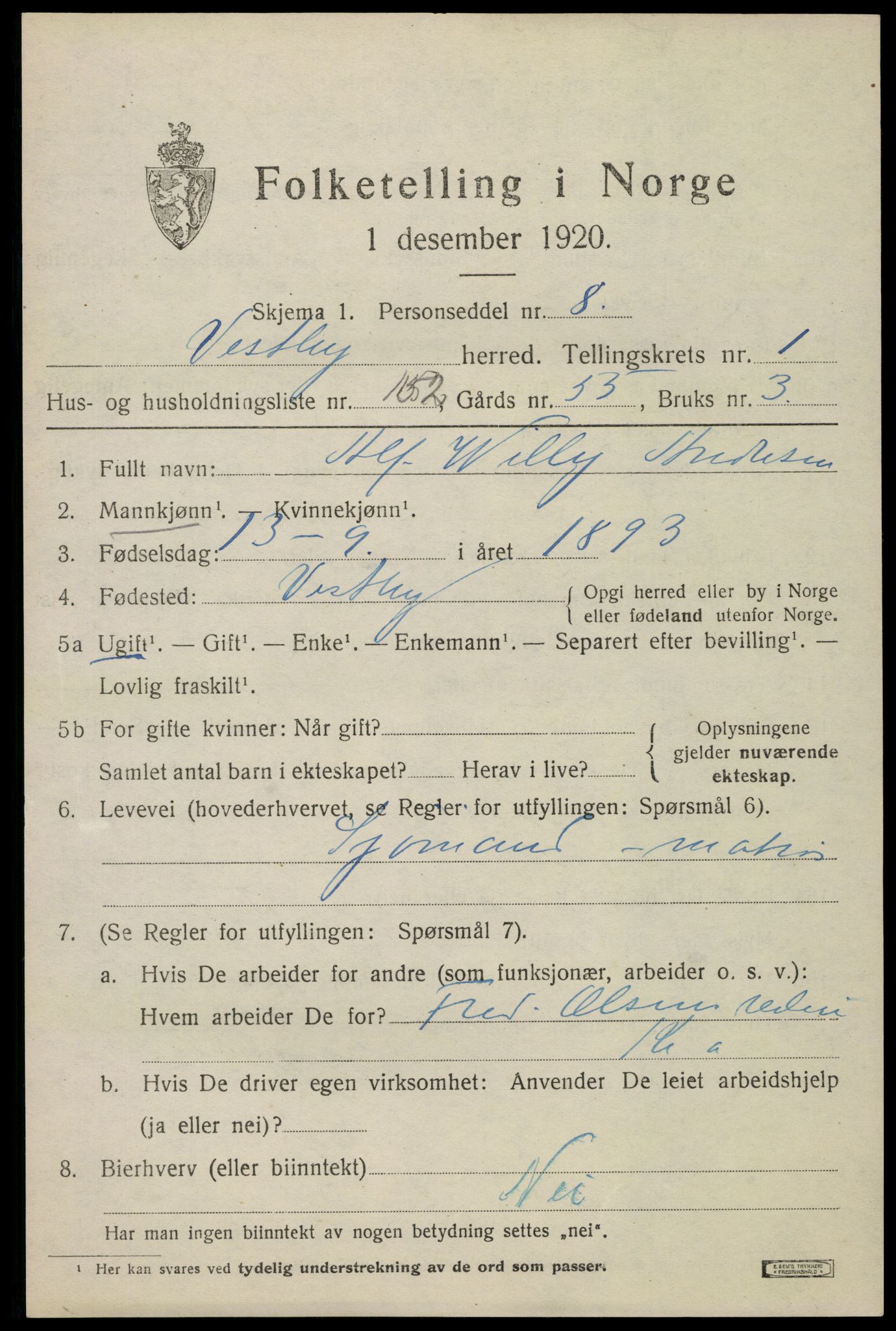 SAO, 1920 census for Vestby, 1920, p. 3173