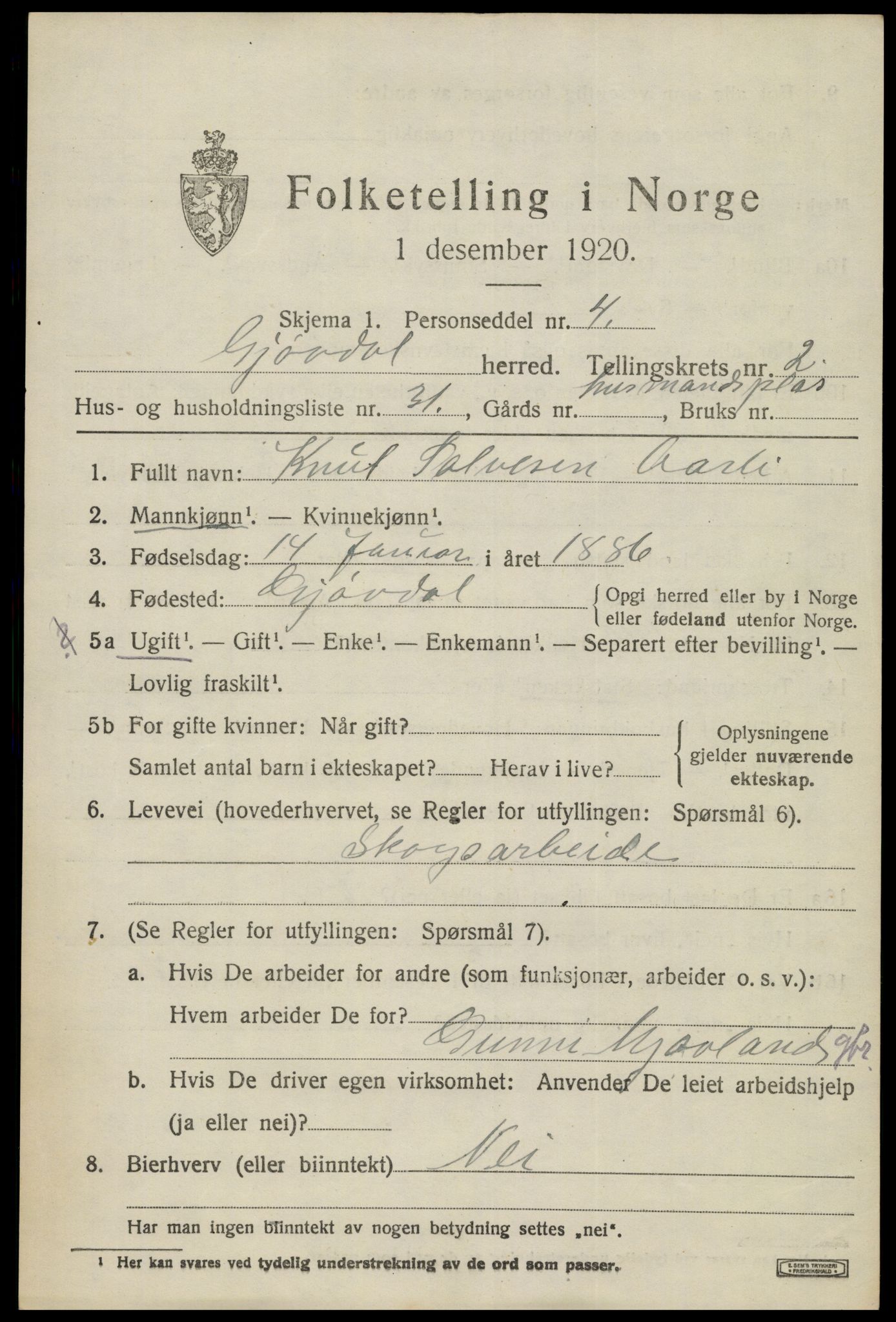 SAK, 1920 census for Gjøvdal, 1920, p. 1148