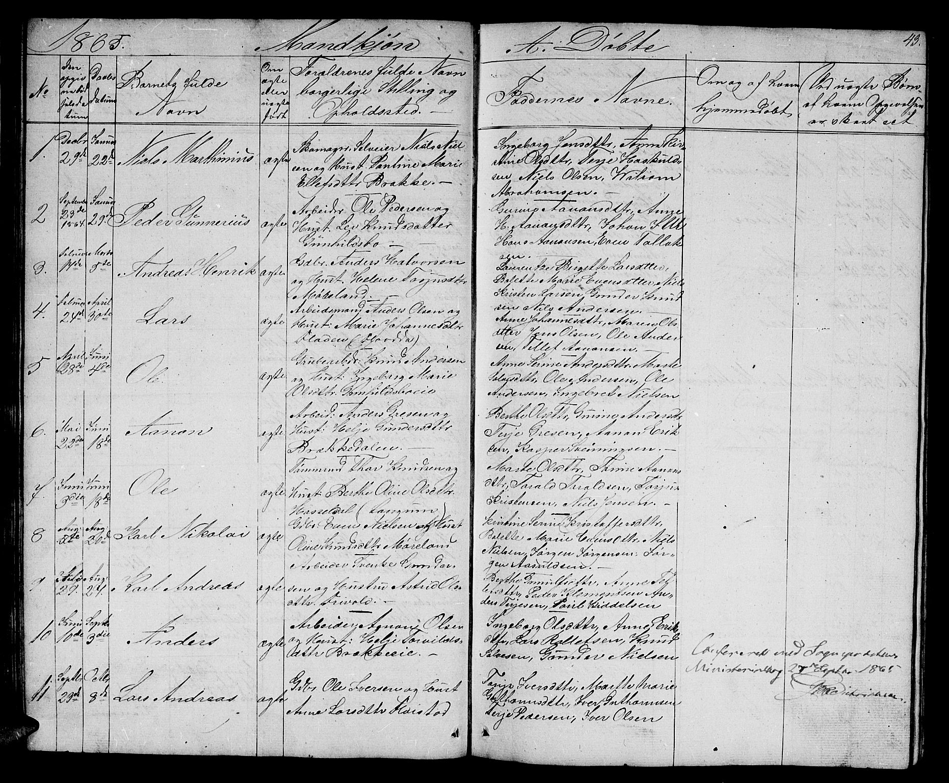 Austre Moland sokneprestkontor, SAK/1111-0001/F/Fb/Fba/L0001: Parish register (copy) no. B 1, 1842-1868, p. 43