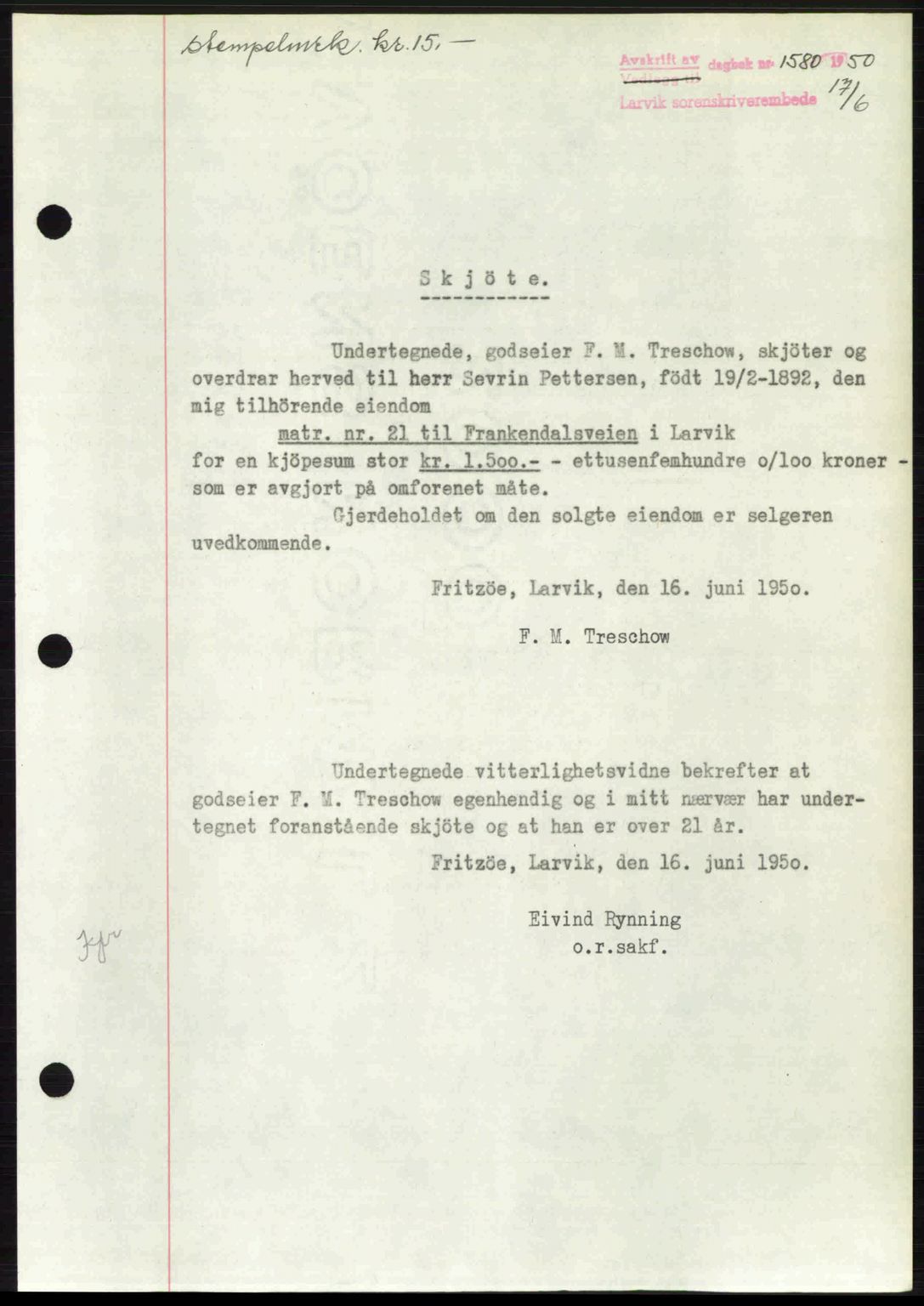 Larvik sorenskriveri, AV/SAKO-A-83/G/Ga/Gab/L0092: Mortgage book no. A-26, 1950-1950, Diary no: : 1580/1950