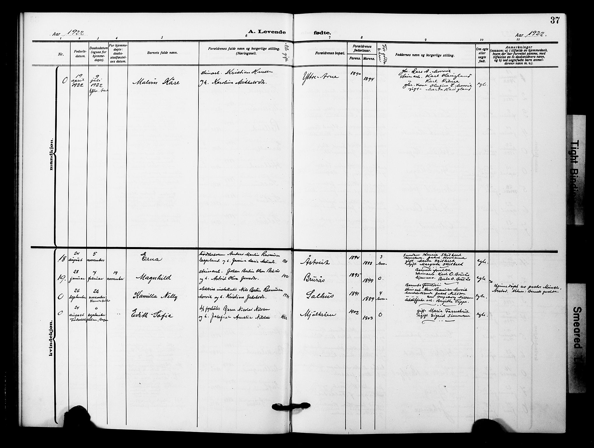 Åsane sokneprestembete, AV/SAB-A-79401/H/Hab: Parish register (copy) no. A 4, 1915-1927, p. 37