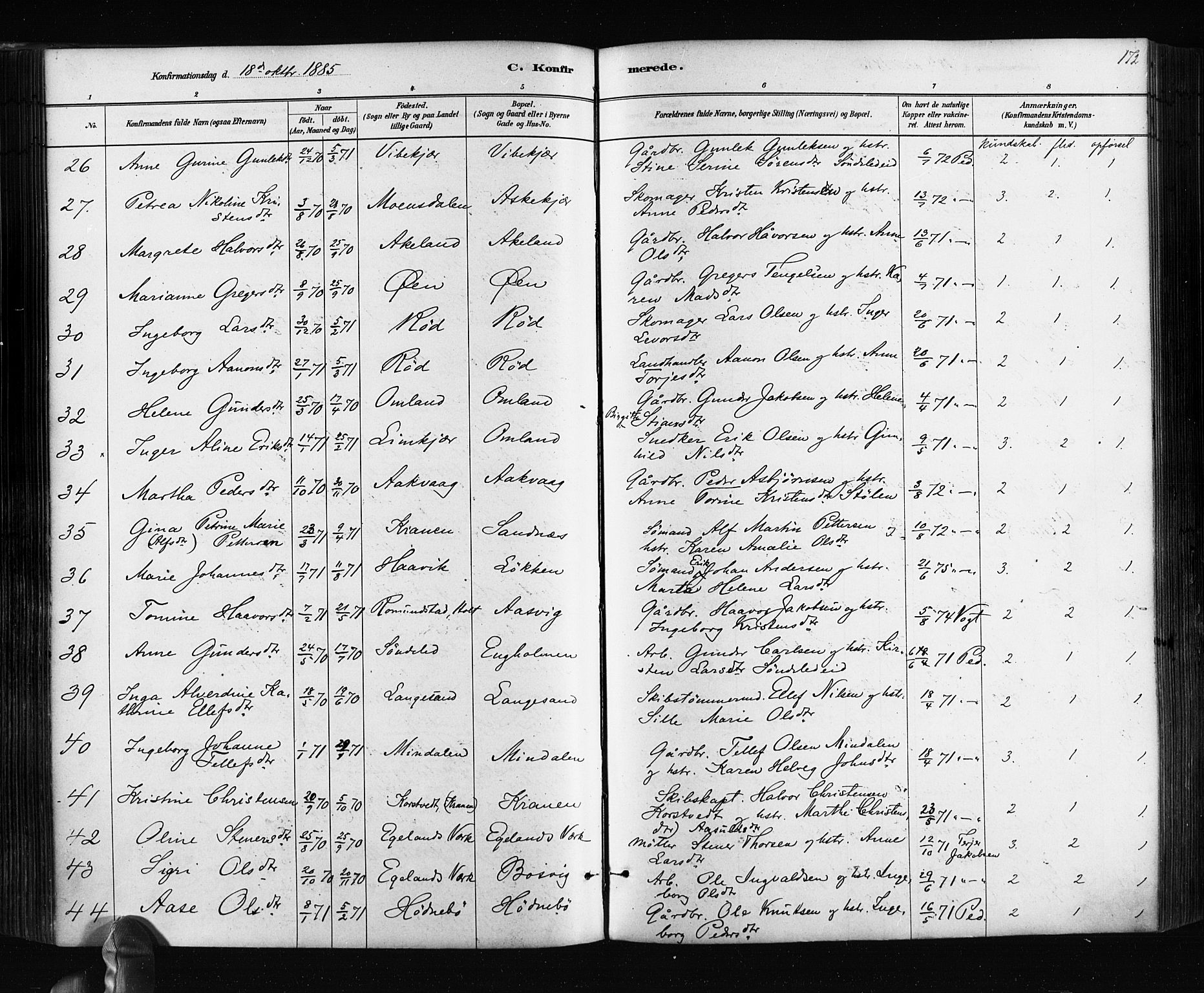 Søndeled sokneprestkontor, SAK/1111-0038/F/Fa/L0004: Parish register (official) no. A 4, 1880-1889, p. 172