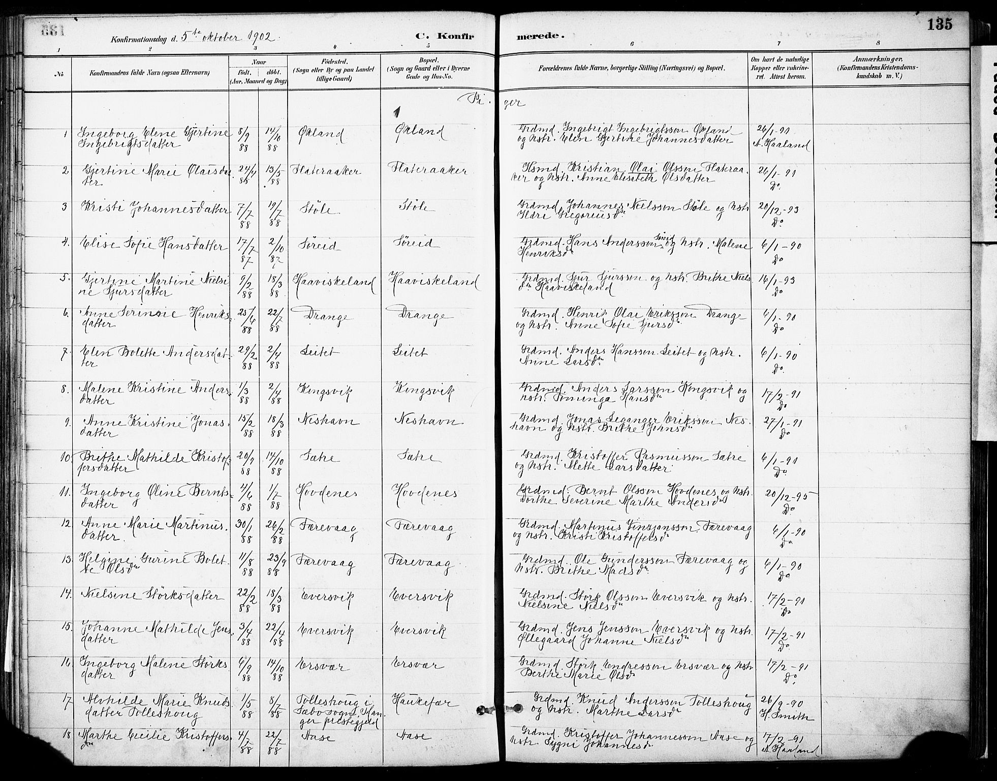 Tysnes sokneprestembete, SAB/A-78601/H/Haa: Parish register (official) no. D 1, 1887-1904, p. 135
