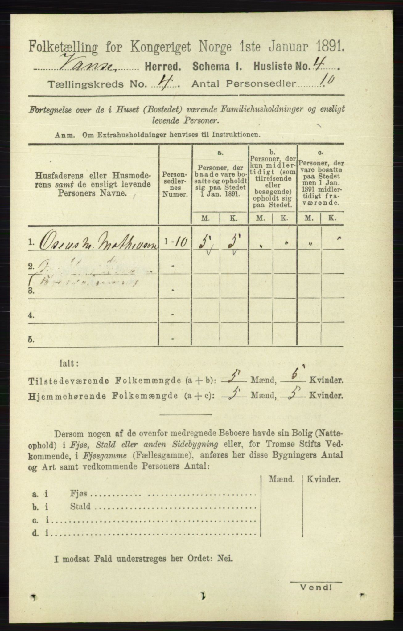 RA, 1891 census for 1041 Vanse, 1891, p. 2043