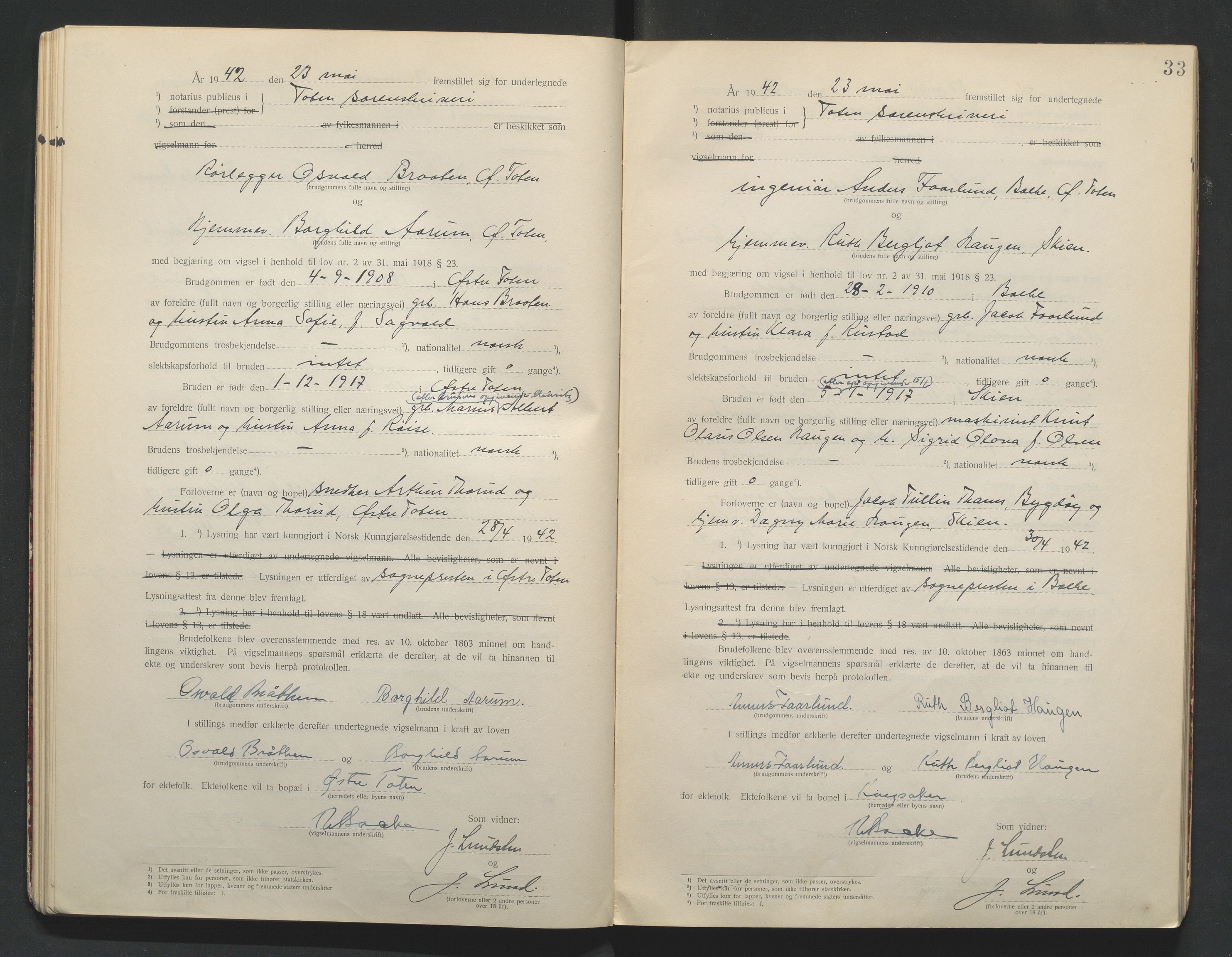 Toten tingrett, AV/SAH-TING-006/L/Lc/L0001: Vigselbok, 1920-1942, p. 33