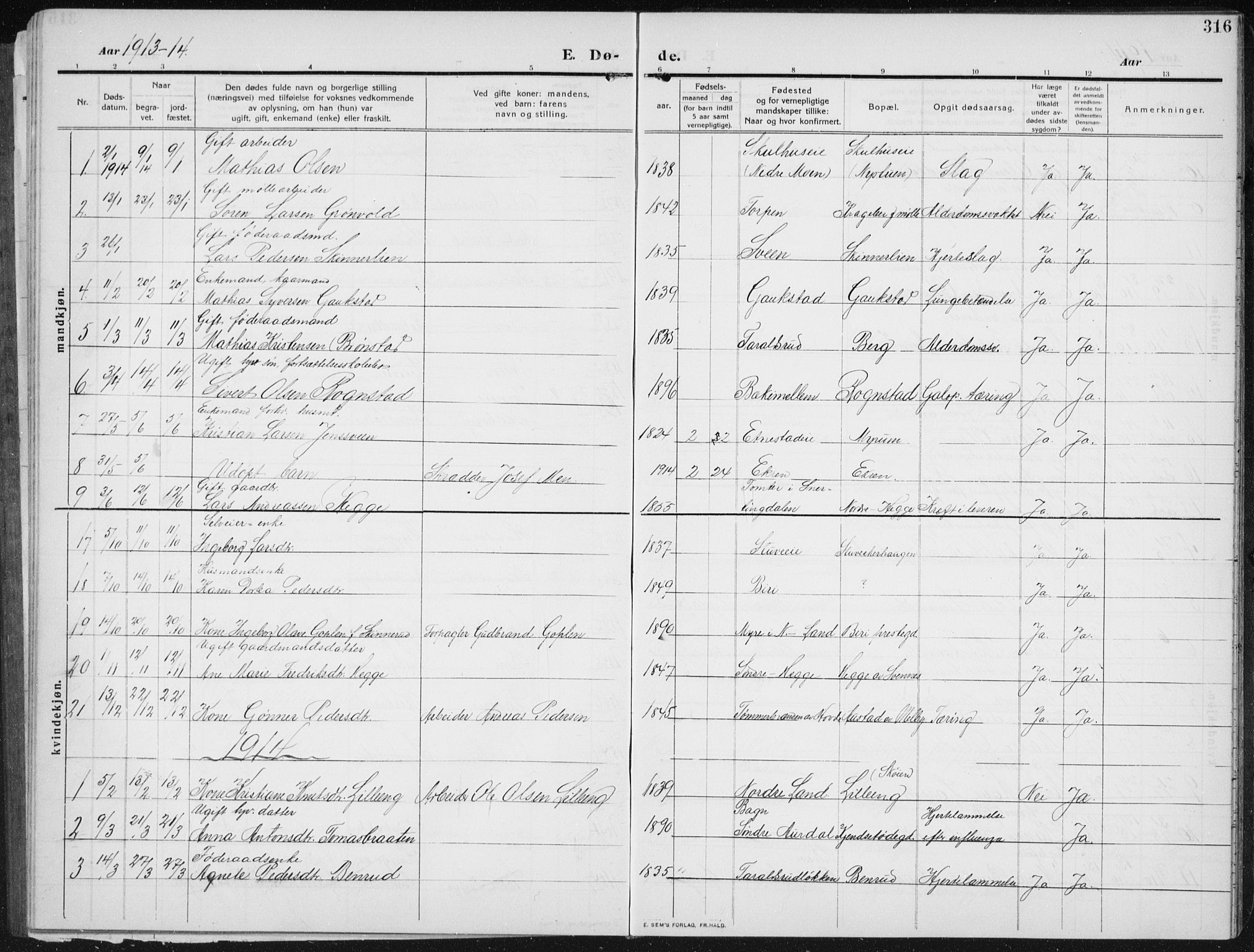 Biri prestekontor, SAH/PREST-096/H/Ha/Hab/L0006: Parish register (copy) no. 6, 1909-1938, p. 316