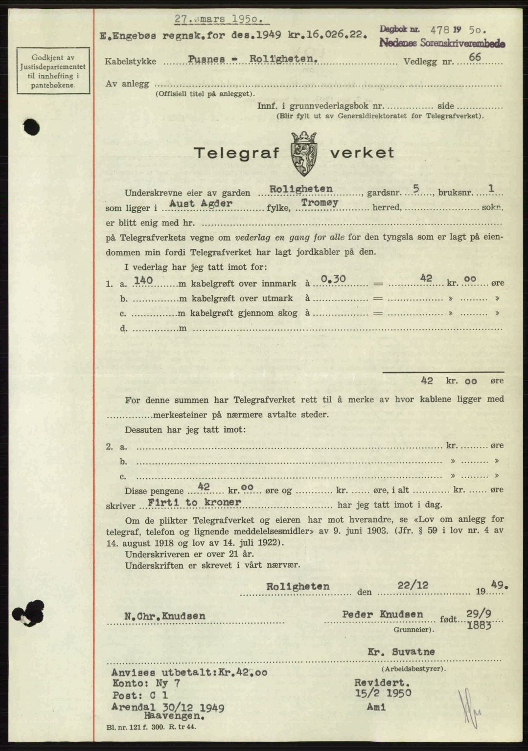 Nedenes sorenskriveri, SAK/1221-0006/G/Gb/Gba/L0062: Mortgage book no. A14, 1949-1950, Diary no: : 478/1950