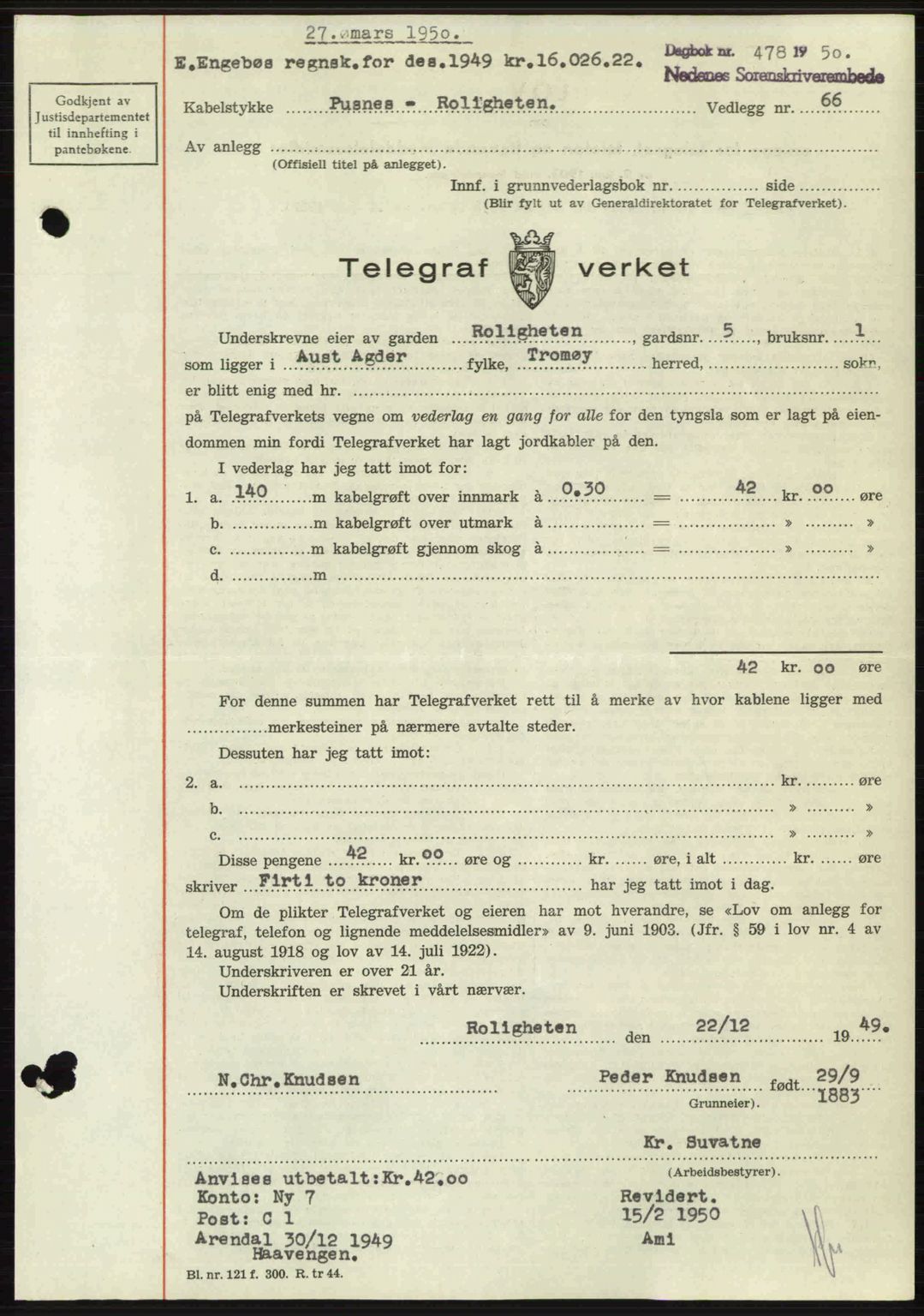 Nedenes sorenskriveri, AV/SAK-1221-0006/G/Gb/Gba/L0062: Mortgage book no. A14, 1949-1950, Diary no: : 478/1950