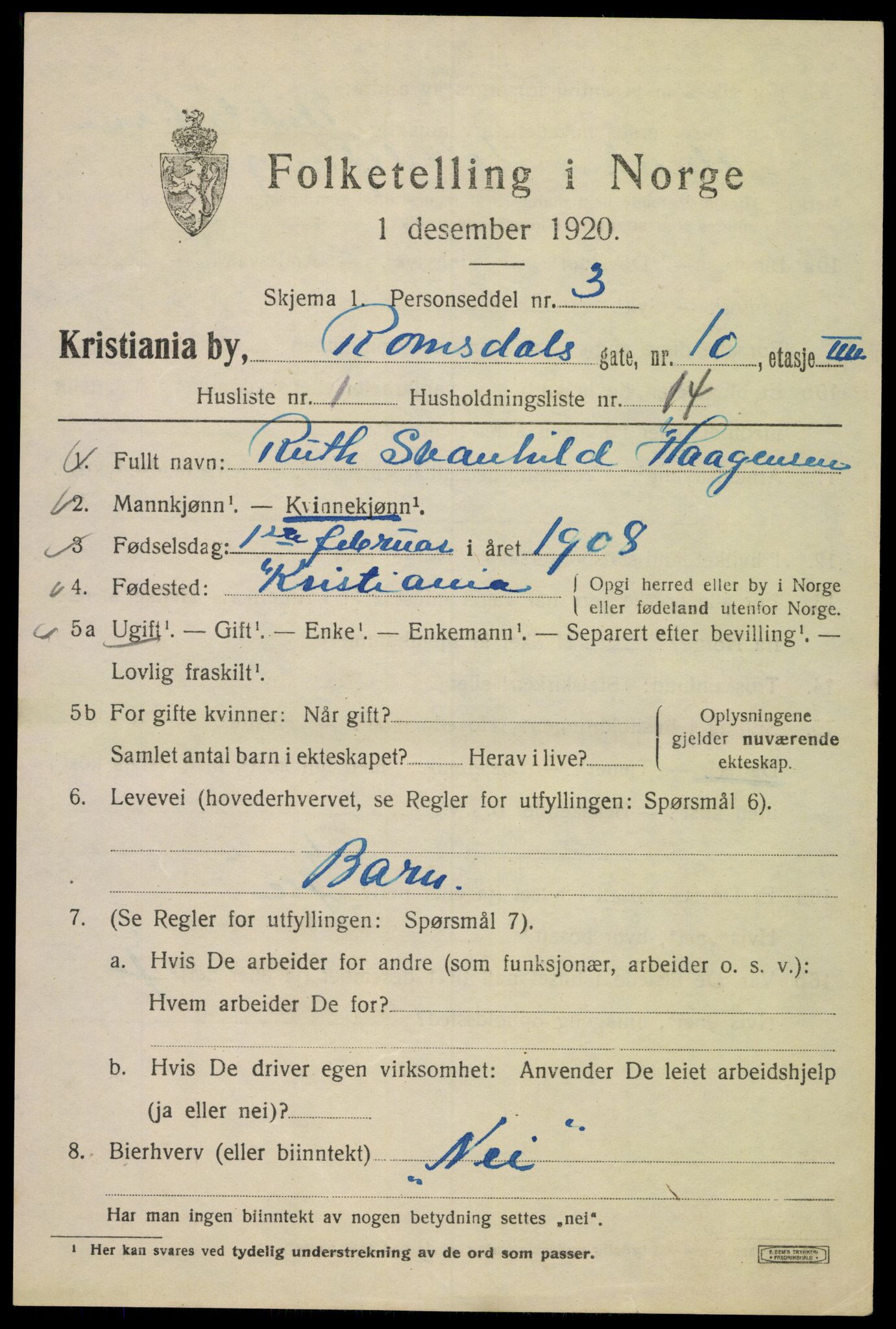 SAO, 1920 census for Kristiania, 1920, p. 463885