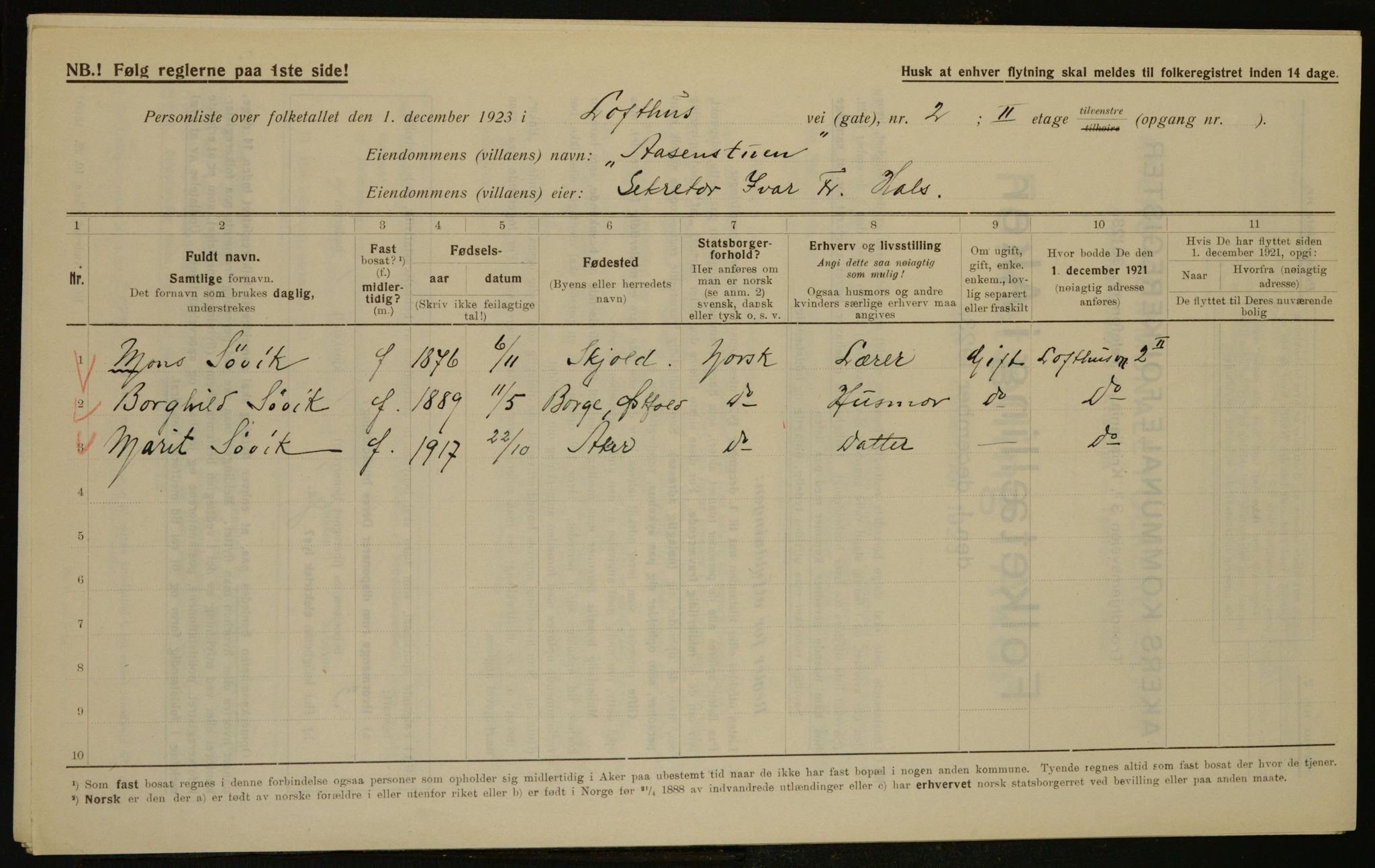 , Municipal Census 1923 for Aker, 1923, p. 14531