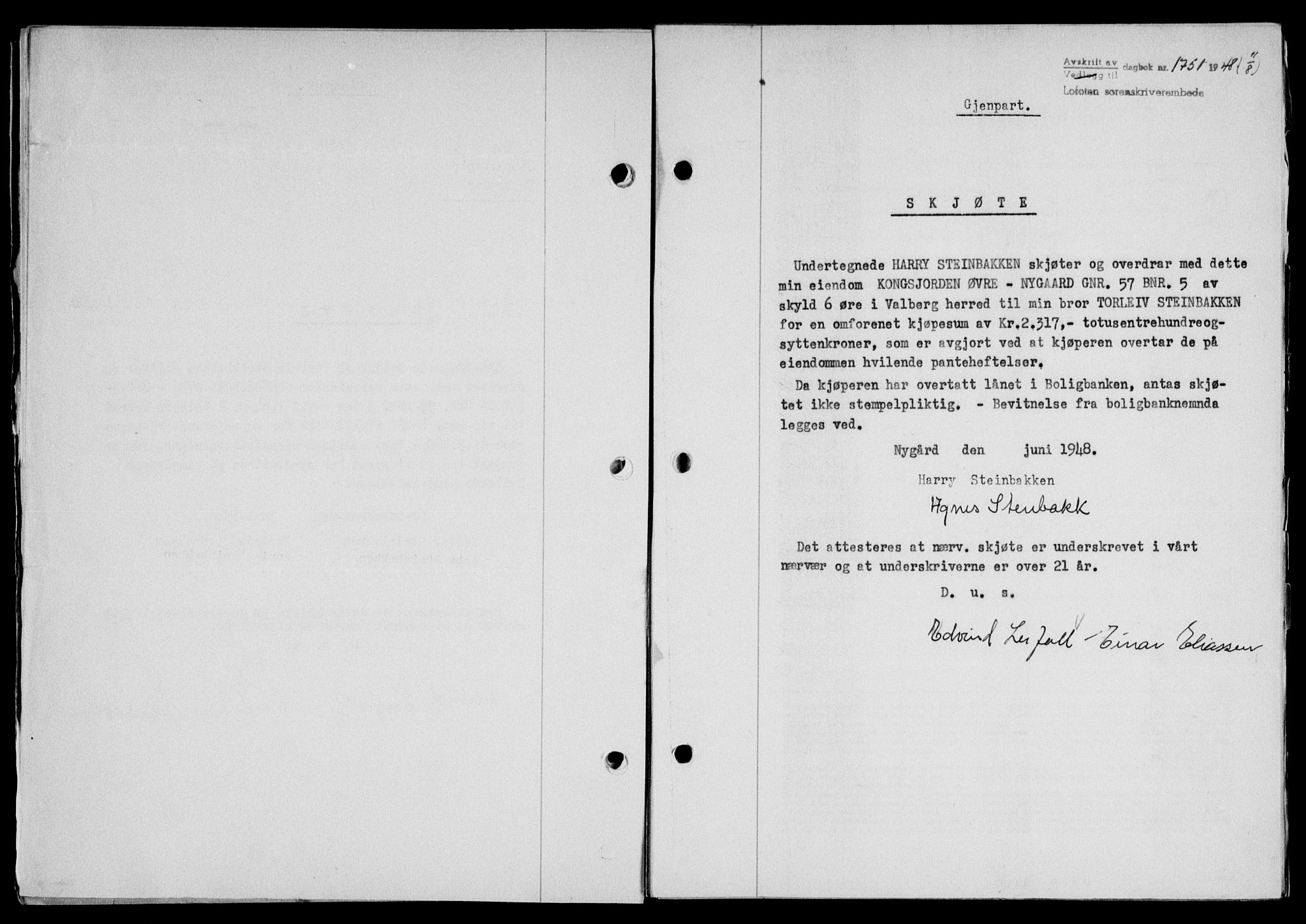Lofoten sorenskriveri, SAT/A-0017/1/2/2C/L0019a: Mortgage book no. 19a, 1948-1948, Diary no: : 1751/1948
