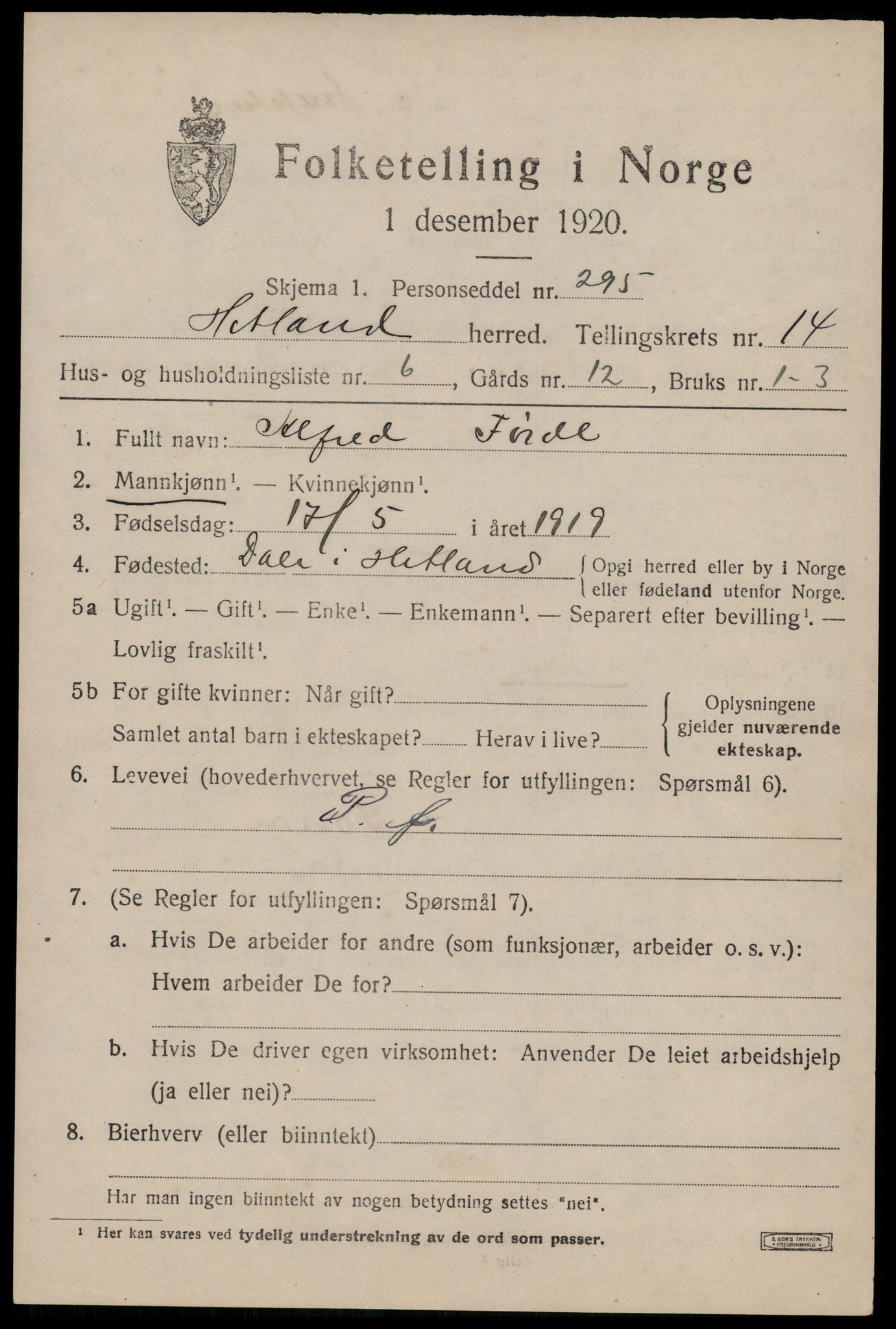 SAST, 1920 census for Hetland, 1920, p. 22805