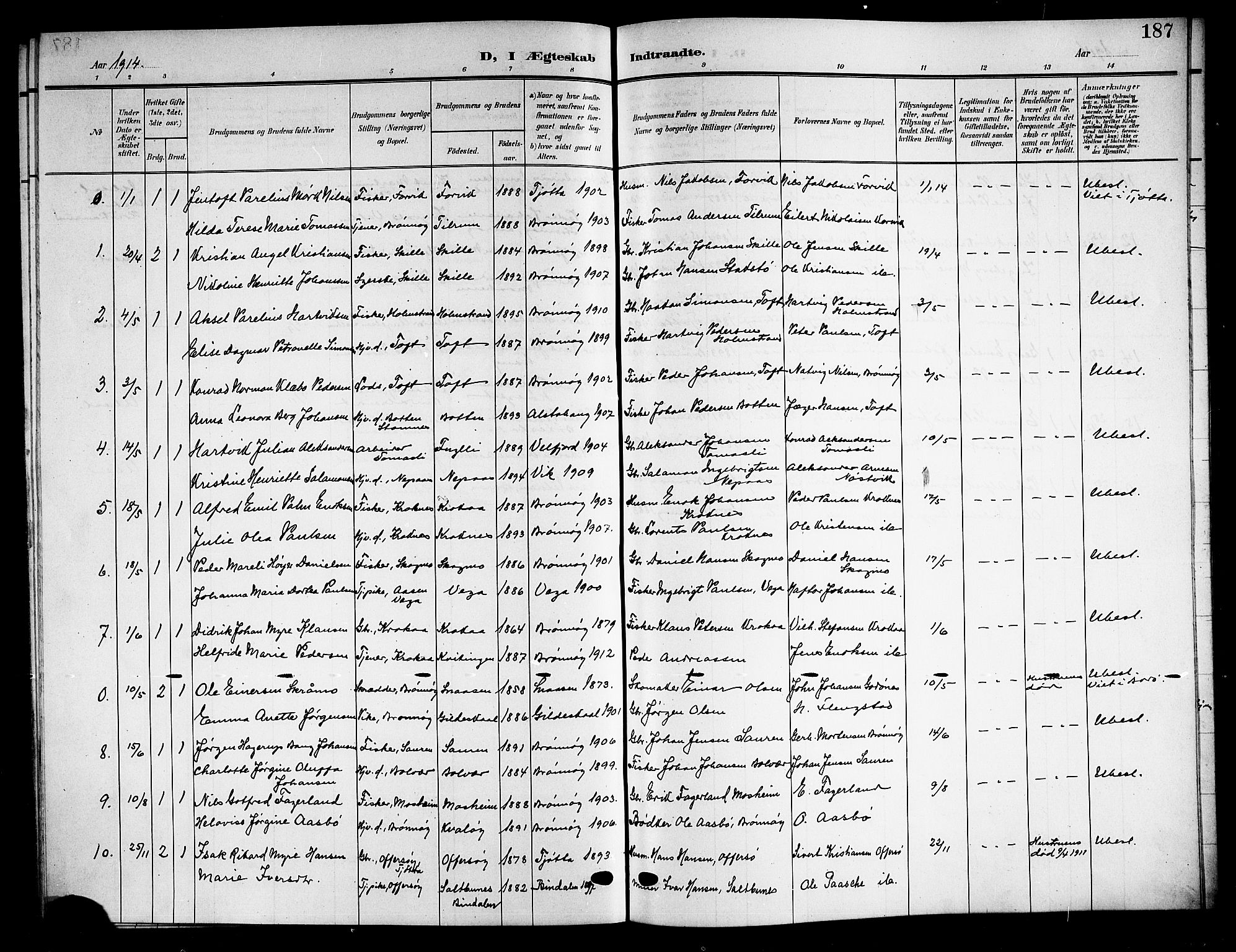 Ministerialprotokoller, klokkerbøker og fødselsregistre - Nordland, SAT/A-1459/813/L0214: Parish register (copy) no. 813C06, 1904-1917, p. 187