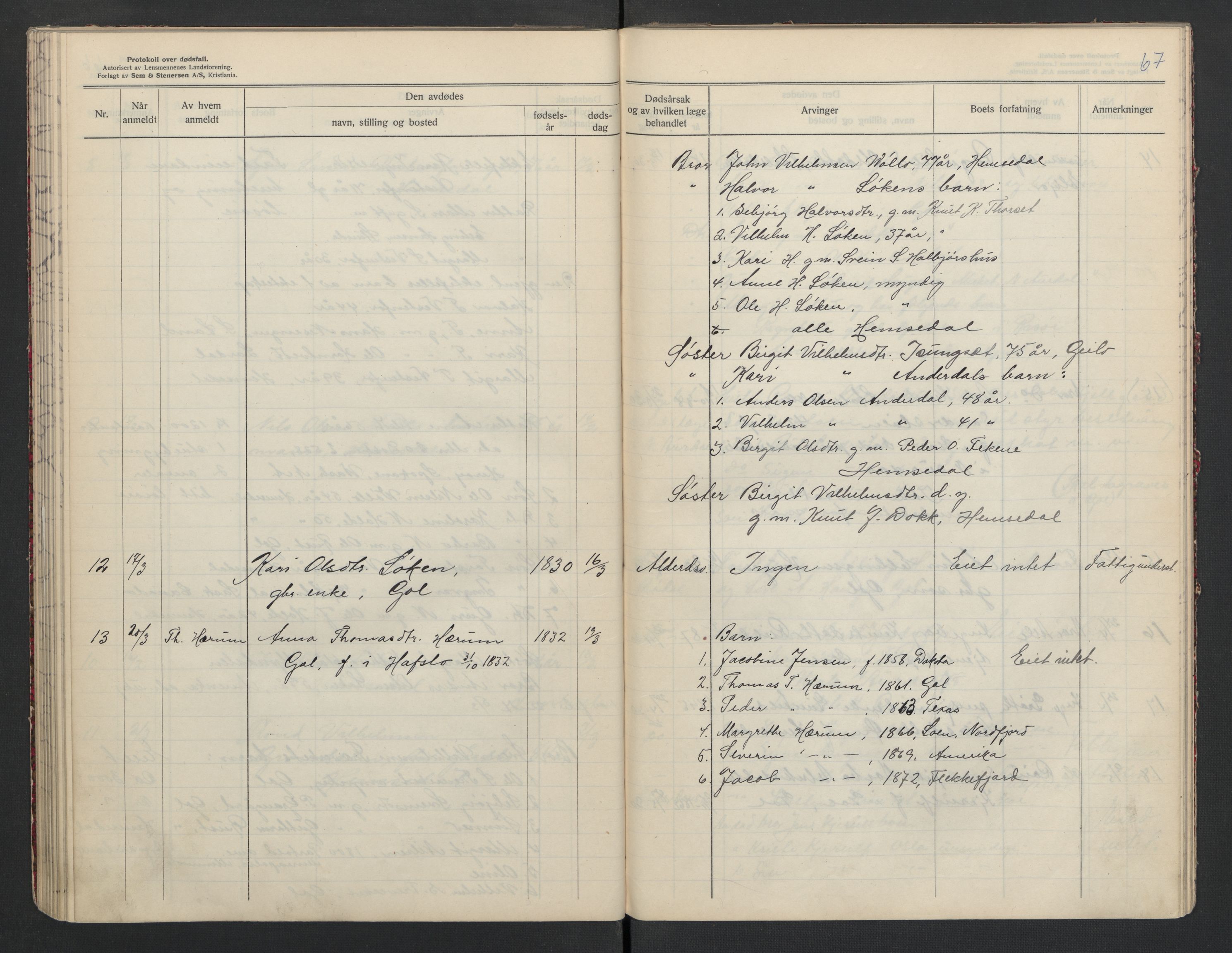Gol og Hemsedal lensmannskontor, AV/SAKO-A-510/H/Ha/L0001: Dødsfallsprotokoll, 1925-1933, p. 67