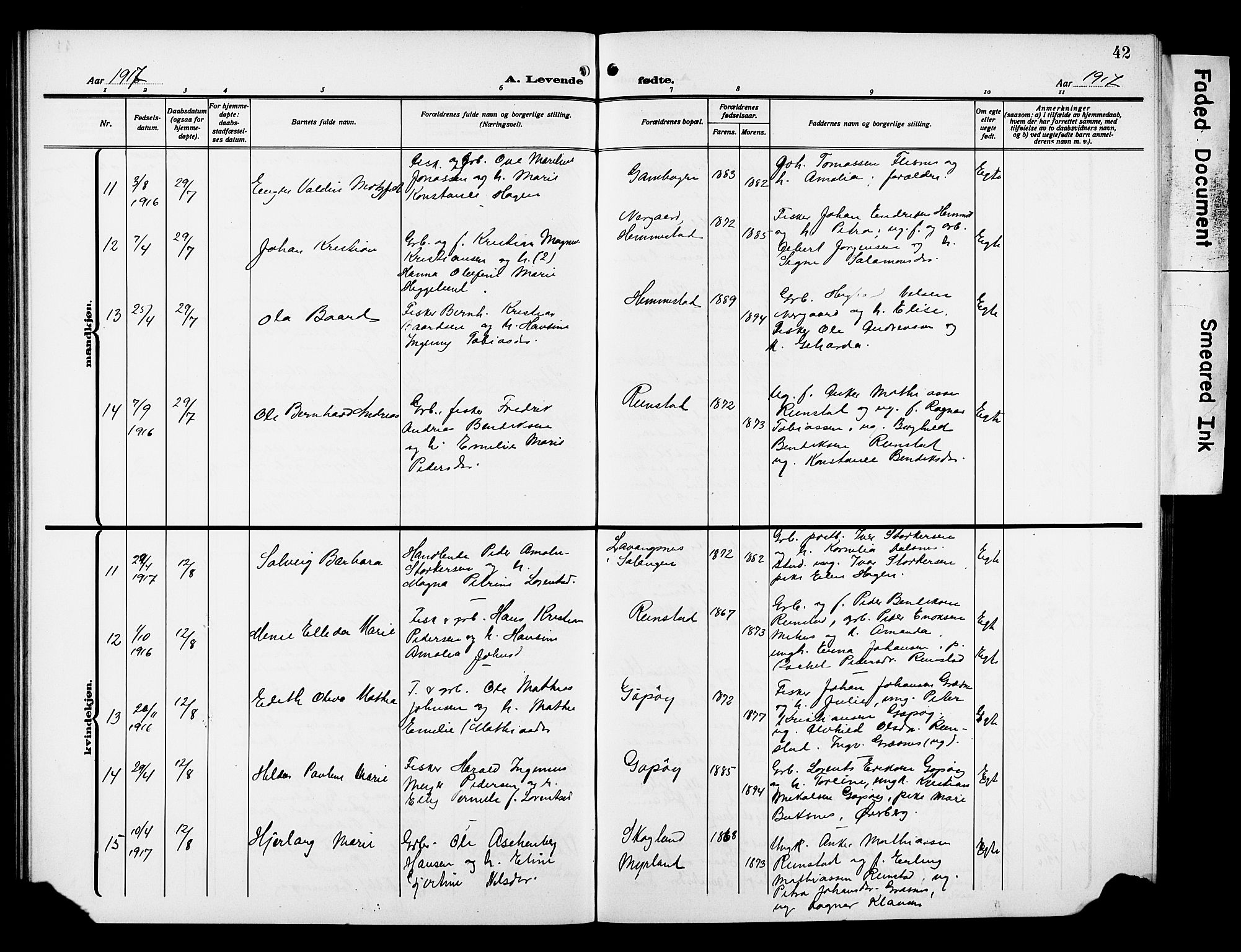 Kvæfjord sokneprestkontor, AV/SATØ-S-1323/G/Ga/Gab/L0006klokker: Parish register (copy) no. 6, 1912-1931, p. 42