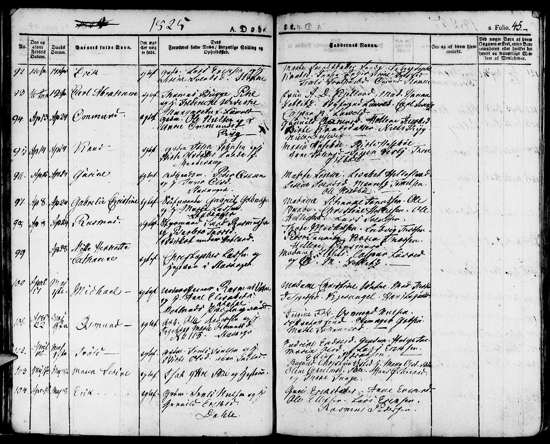 Domkirken sokneprestkontor, SAST/A-101812/001/30/30BA/L0009: Parish register (official) no. A 9, 1821-1832, p. 45