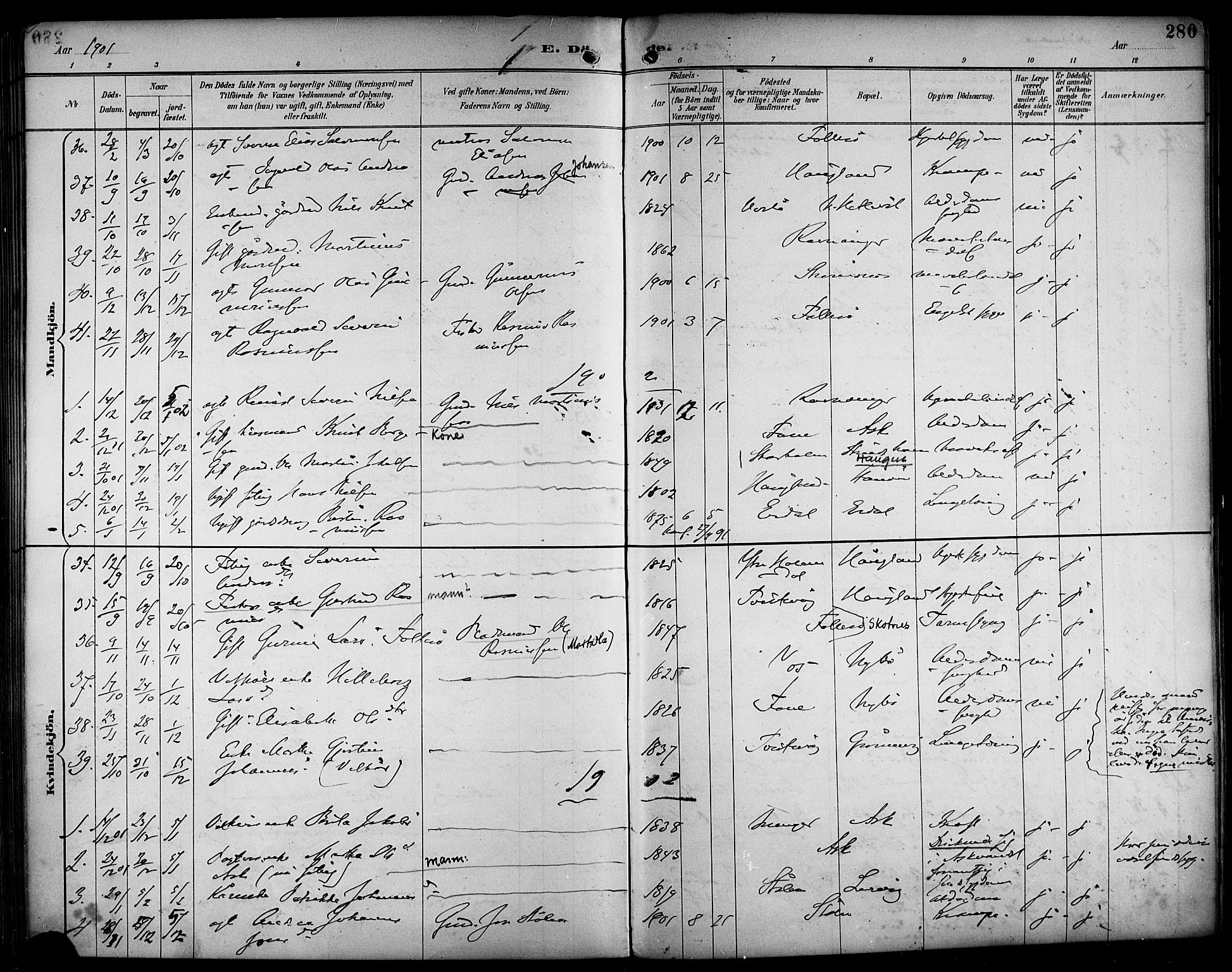 Askøy Sokneprestembete, SAB/A-74101/H/Ha/Haa/Haab/L0002: Parish register (official) no. B 2, 1889-1902, p. 280