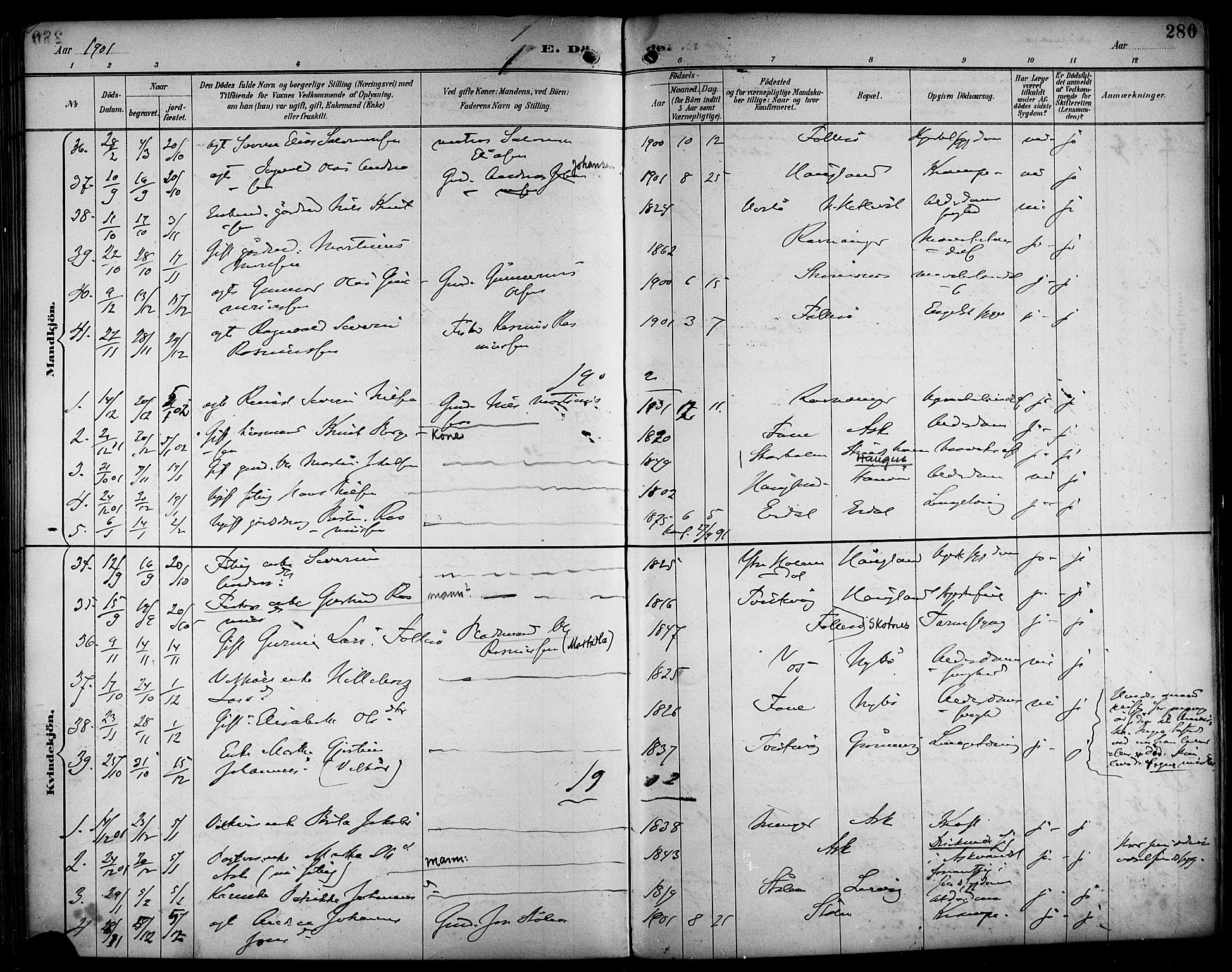 Askøy Sokneprestembete, AV/SAB-A-74101/H/Ha/Haa/Haab/L0002: Parish register (official) no. B 2, 1889-1902, p. 280